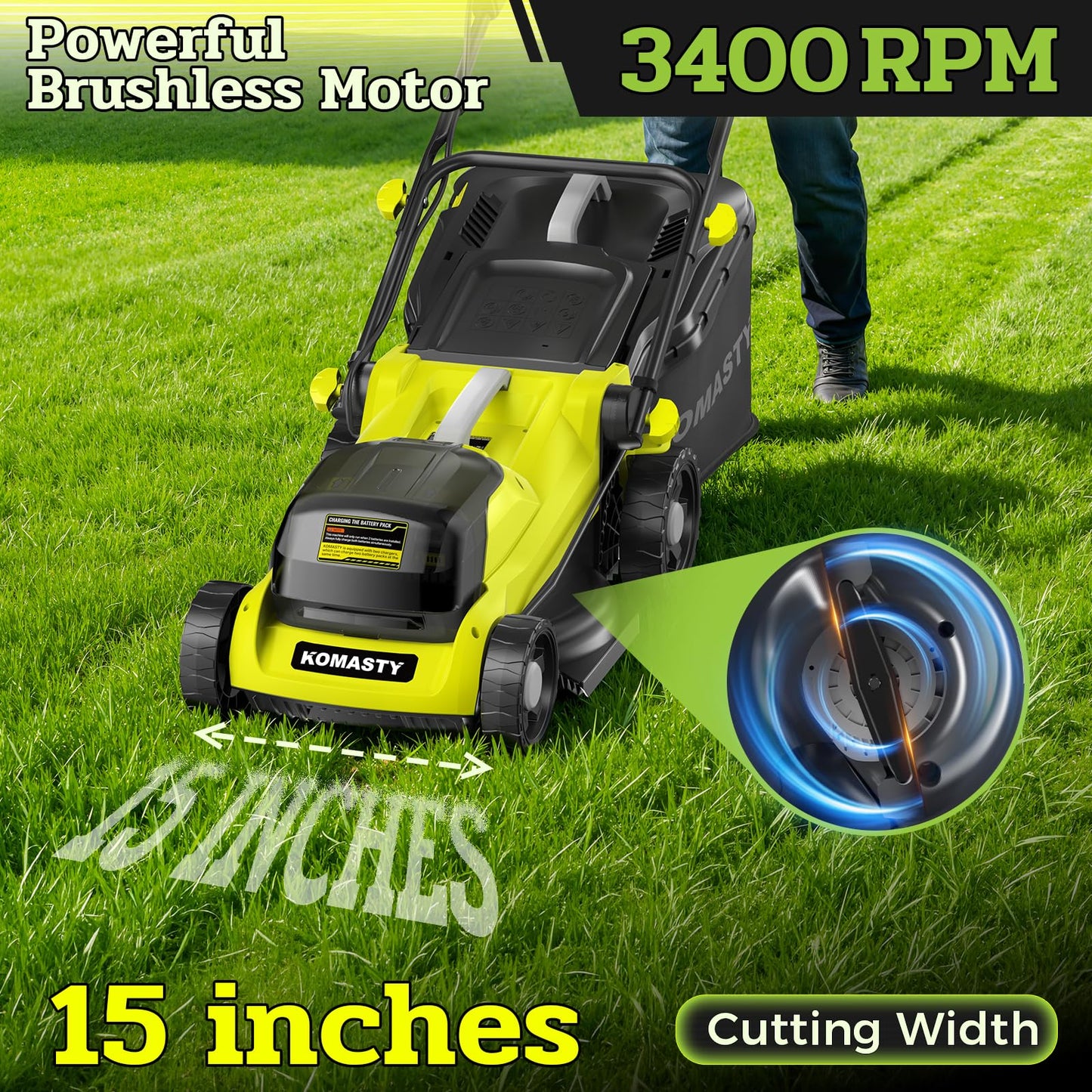 KOMASTY 40V Electric Lawn Mower 15" Cordless Battery Powered Mower, 2 in 1 Mulching Lawnmower with 5-Position Height Adjustment 10.6 Gallon Bag, Small Push Lawn Trimmer, 2X4.0Ah Battery and 2 Chargers