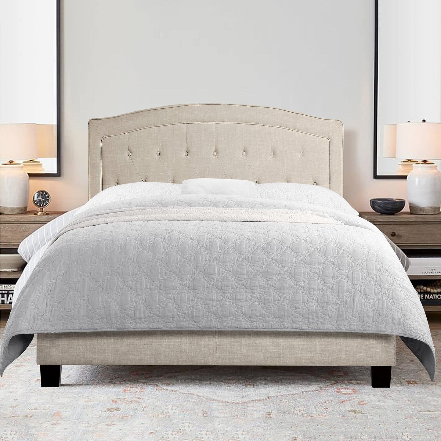 Rosevera Carlisle Panel Bed Frame with Adjustable Button-Tufted Headboard for Bedroom/Linen Upholstered/Wood Slat Support/Easy Assembly,King,Classic Beige