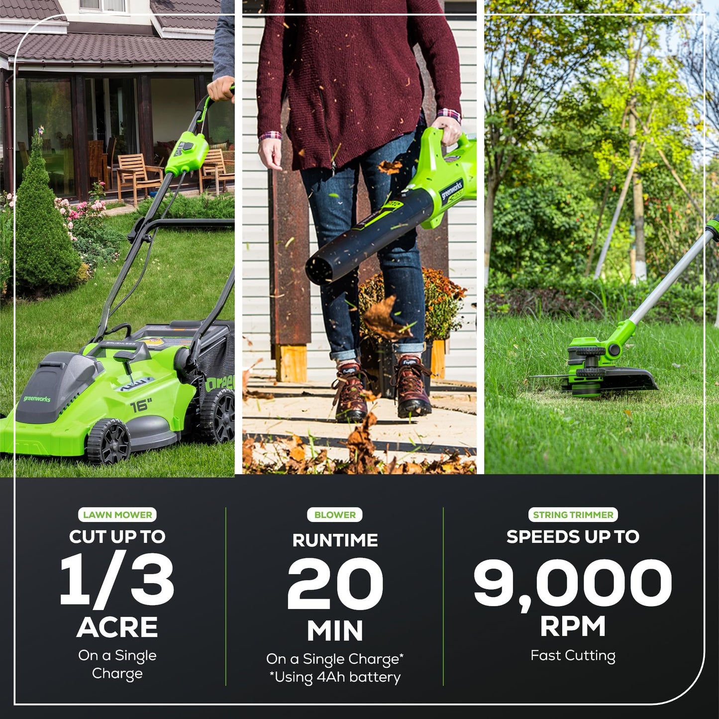 Greenworks 40V 16" Brushless Cordless (Push) Lawn Mower + Blower (350 CFM) + 13" String Trimmer (Bonus Spools), 4.0Ah + 2.0Ah Battery and Charger Included (75+ Compatible Tools)