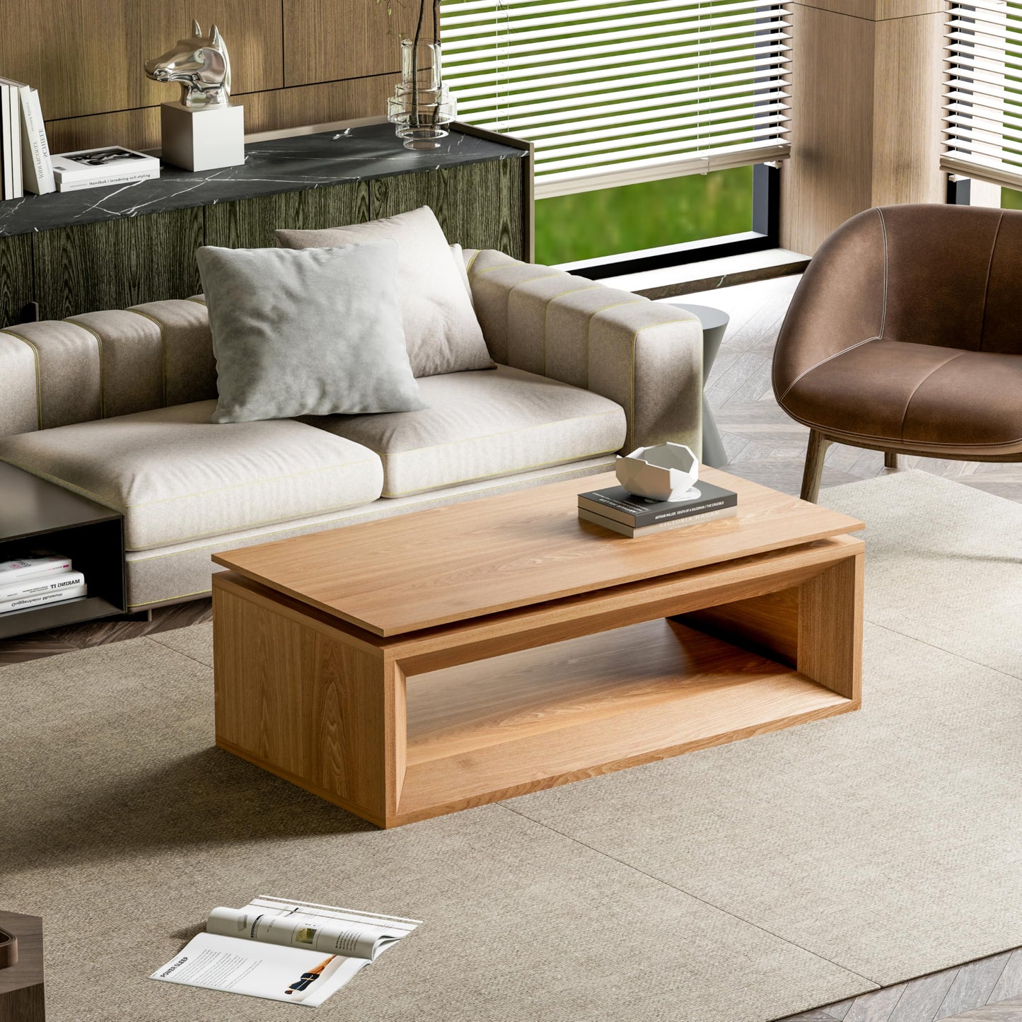 KEIKI 43.3" Lift-Top Coffee Table with Hydraulic Storage, Converts to Desk or Dining Table, Hidden Compartment, Open Shelf, Multifunctional Small Coffee Table for Living Room, Office, Natural Wood
