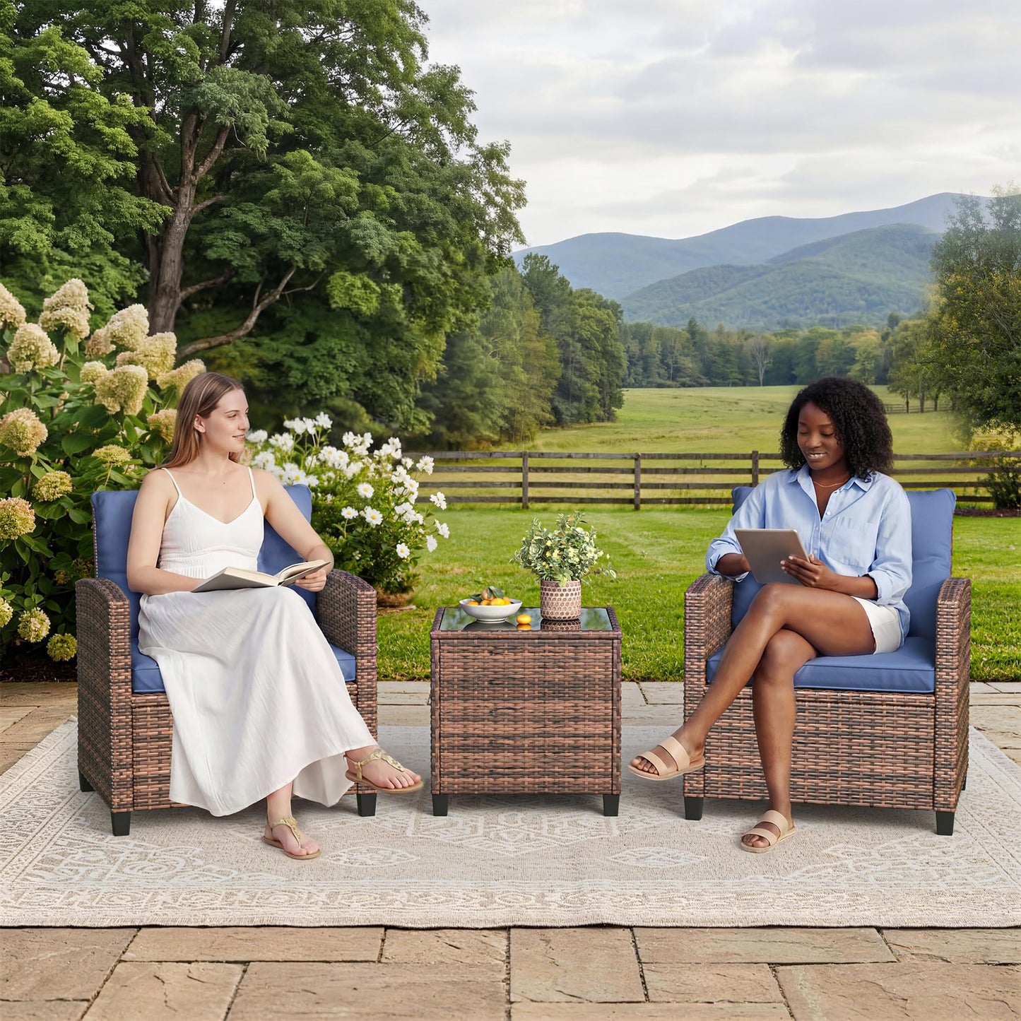 3-Piece Patio Furniture Set, PE Rattan Wicker Outdoor Sofa Set with Washable Cushions & Tempered Glass Tabletop, Conversation Set for Garden, Poolside, Balcony (Brown Wicker & Blue Cushions)