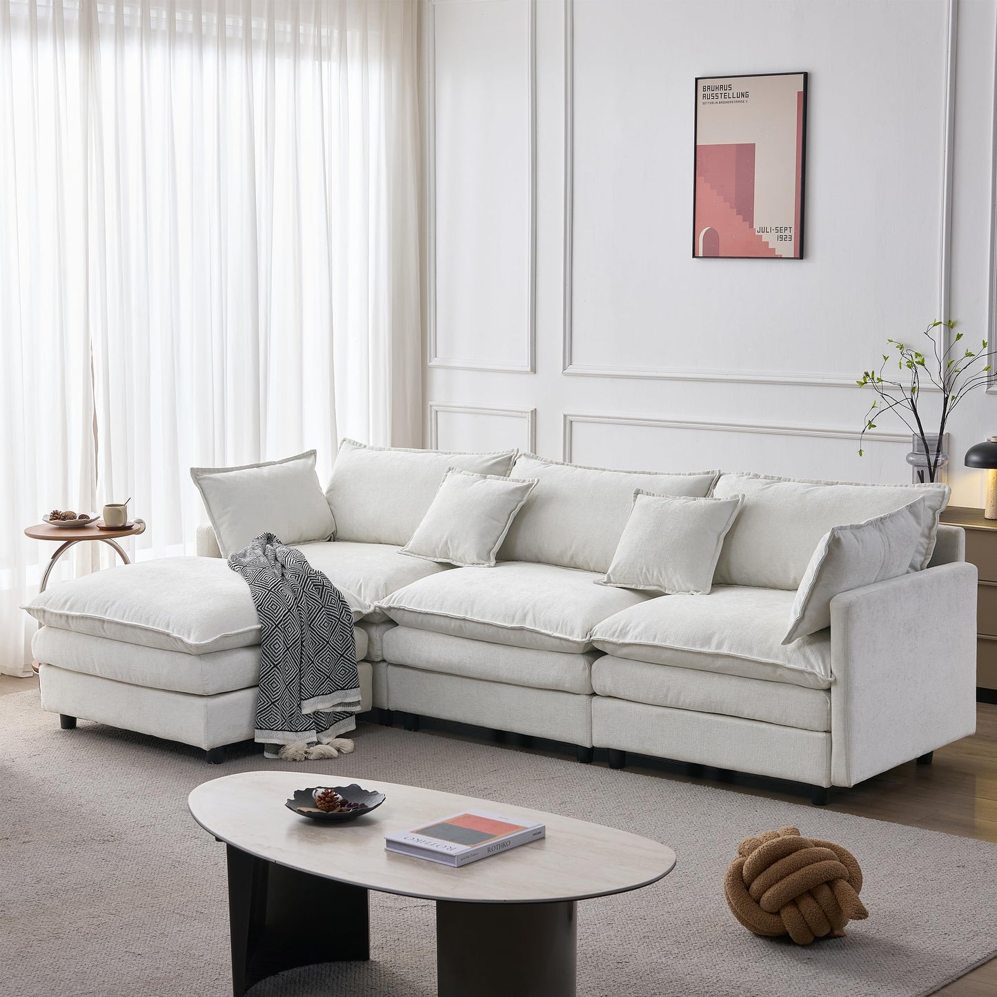 KEIKI 3 Seater Chenille Modular Sectional Couch Sofa with Ottoman, Double-Layer Seat Cushions & Back Cushions, Modern L-Shape Upholstered Cloud Soft Sofa Couches Chaise Lounge for Living Room