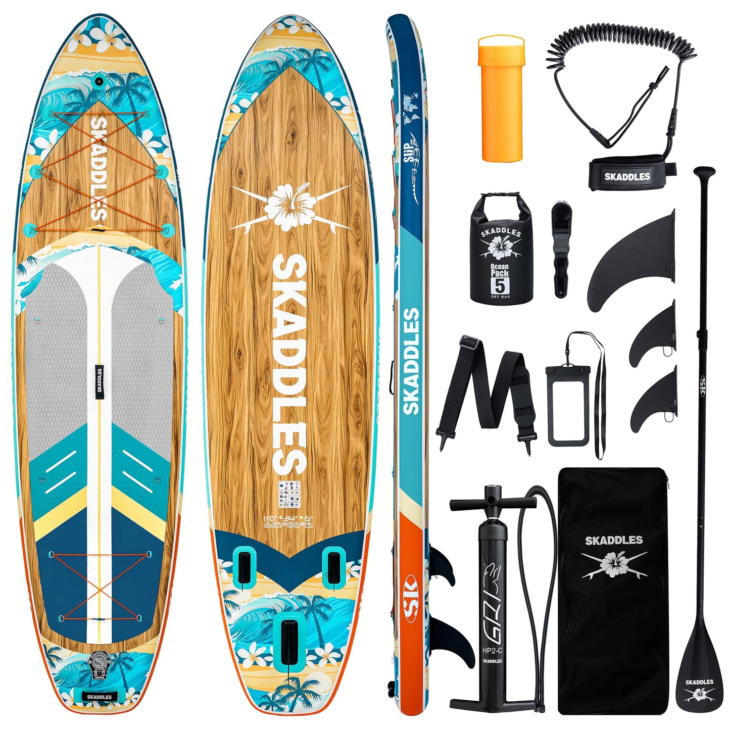 11' Inflatable Stand Up Paddle Board – Extra Wide SUP Paddleboard for Adults, Premium Inflatable Board with Paddle, Pump, Fins, Backpack, Leash & Waterproof Bags (Island Wave)