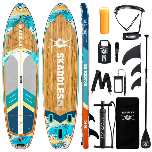11' Inflatable Stand Up Paddle Board – Extra Wide SUP Paddleboard for Adults, Premium Inflatable Board with Paddle, Pump, Fins, Backpack, Leash & Waterproof Bags (Island Wave)