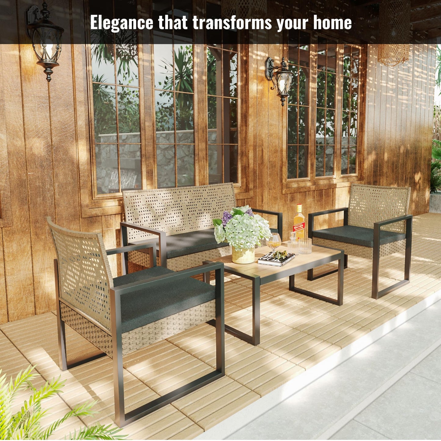 KEIKI 4PC Outdoor Patio Wicker Furniture Chat Conversation Set with Acacia Wood Table Top Backyard Porch Balcony