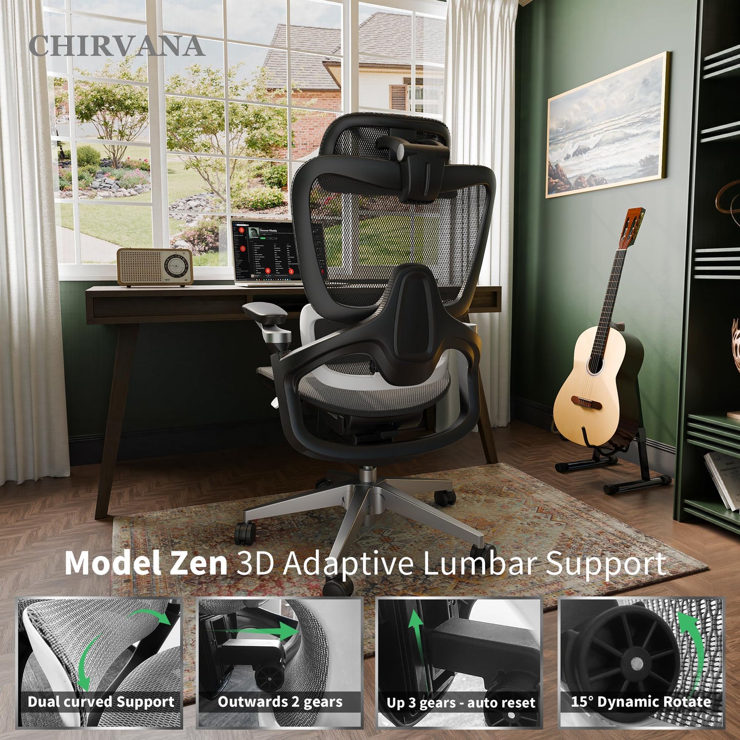 chirvana Ergonomic Office Chair with Adjustable 3D Lumbar Support, Mesh Computer Chair 5D Armrests, Home Desk Chair with 4D Headrest, 90-130°Tilt, BIFMA Certified, Model Zen (Grey)