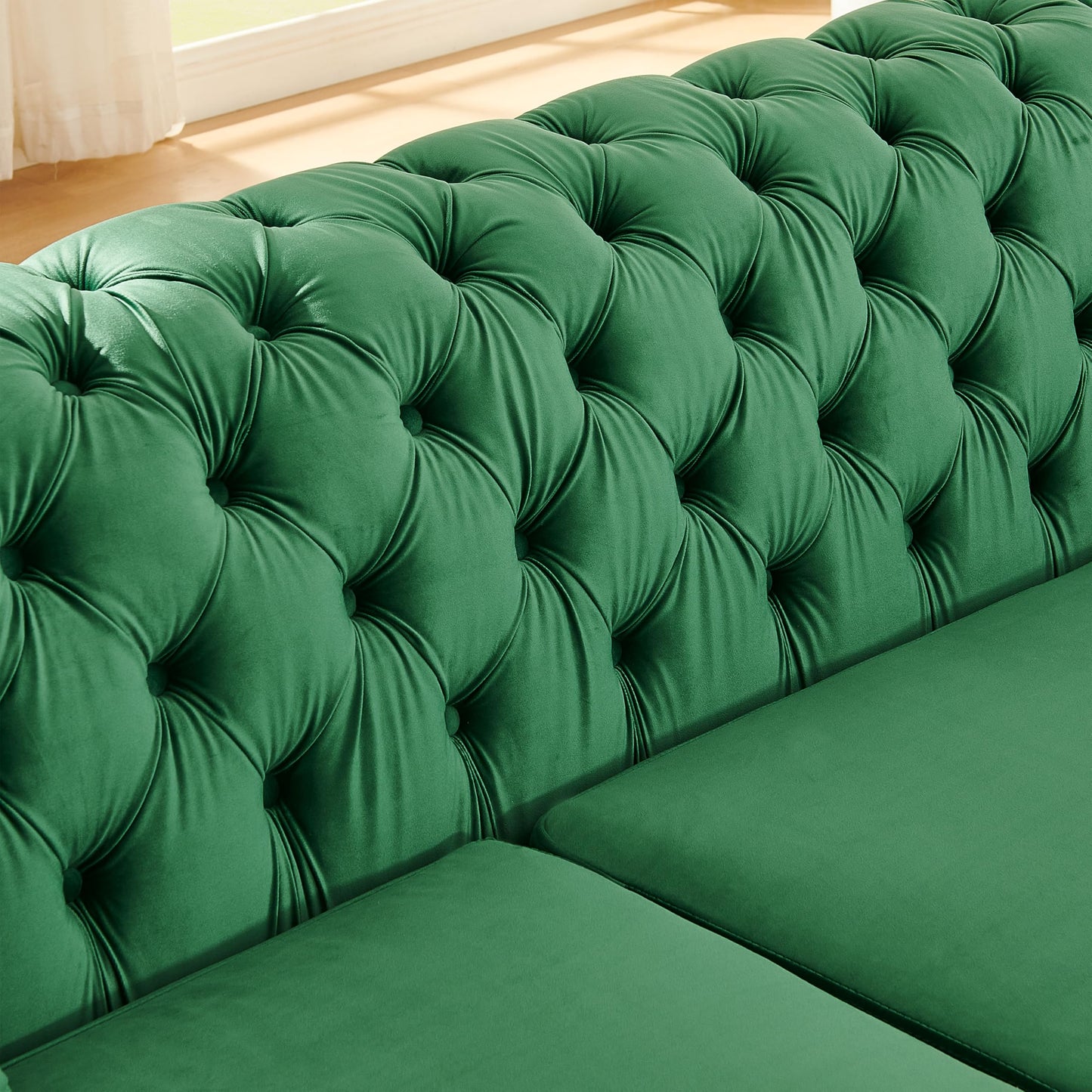 KEIKI 106" L-Shaped Luxury Velvet Chesterfield Sectional Sofa with Gold Stainless Steel Accents and 5 Pillows, Mid-Century Oversized 5-Seater Button Tufted Couch, Easy Assembly, for Living Room, Green