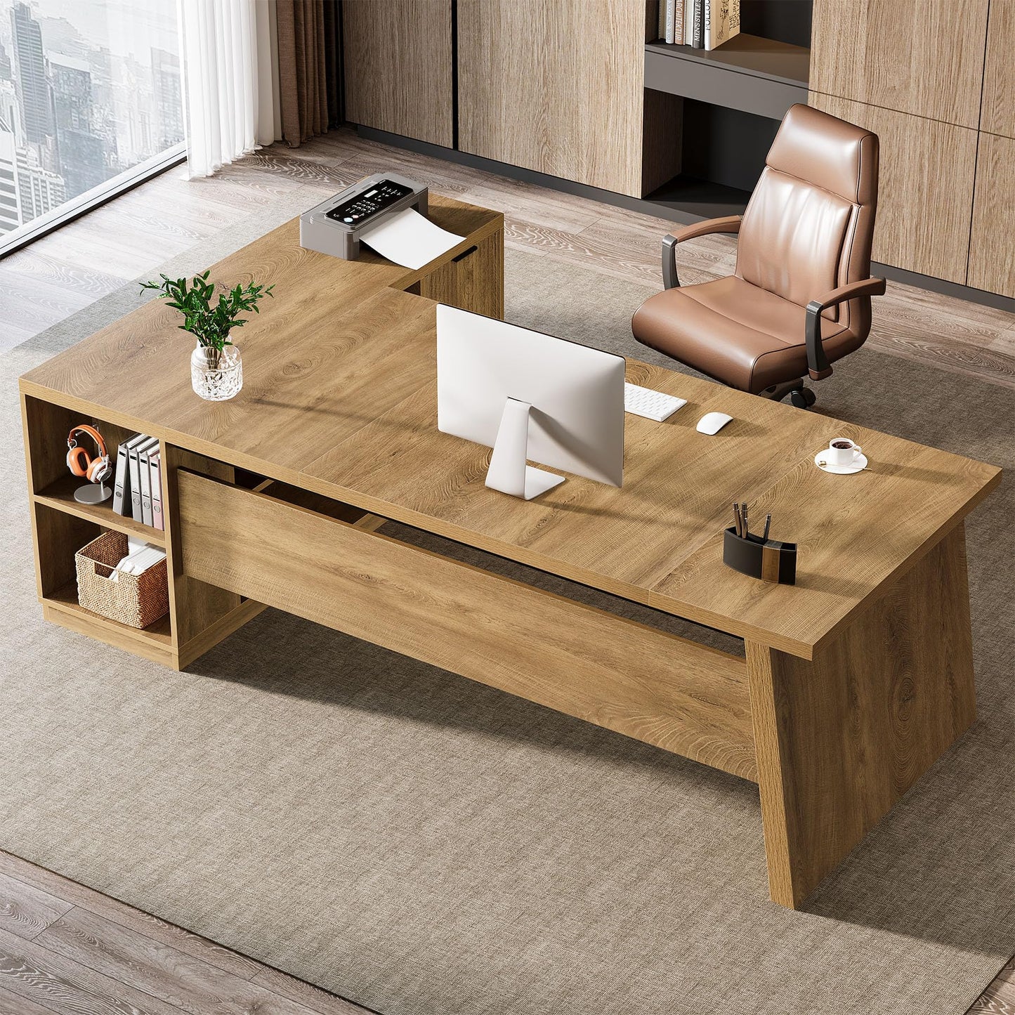 Tribesigns 78" L Shaped Desk with Drawers, Large Executive Office Desk with File Cabinet and Shelves, Modern Corner Computer Table Business Furniture for Home Office, Brown