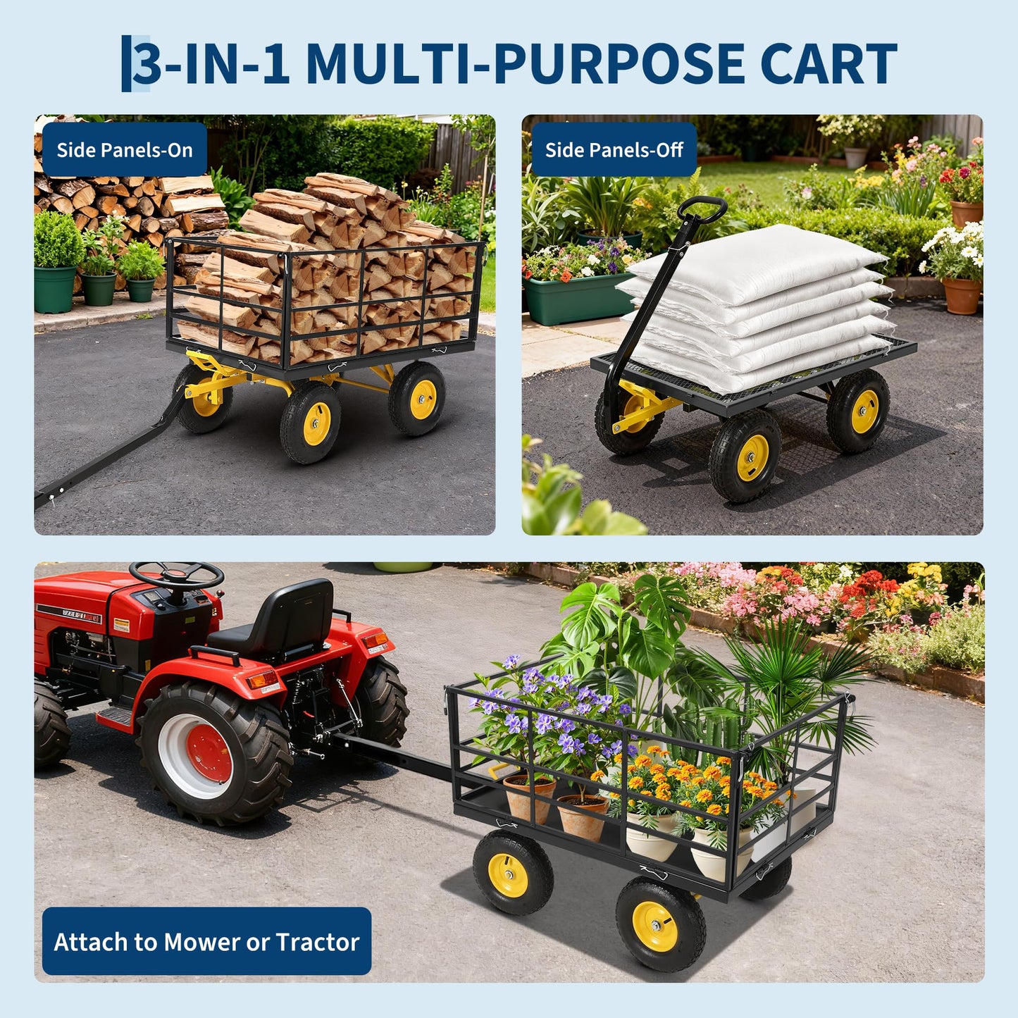 Heavy Duty 1500 Lbs Capacity Mesh Steel Garden Cart Folding Utility Wagon with Removable Sides, Garden Cart on Wheels for Gardening Soil, Tools, and Plant Transport