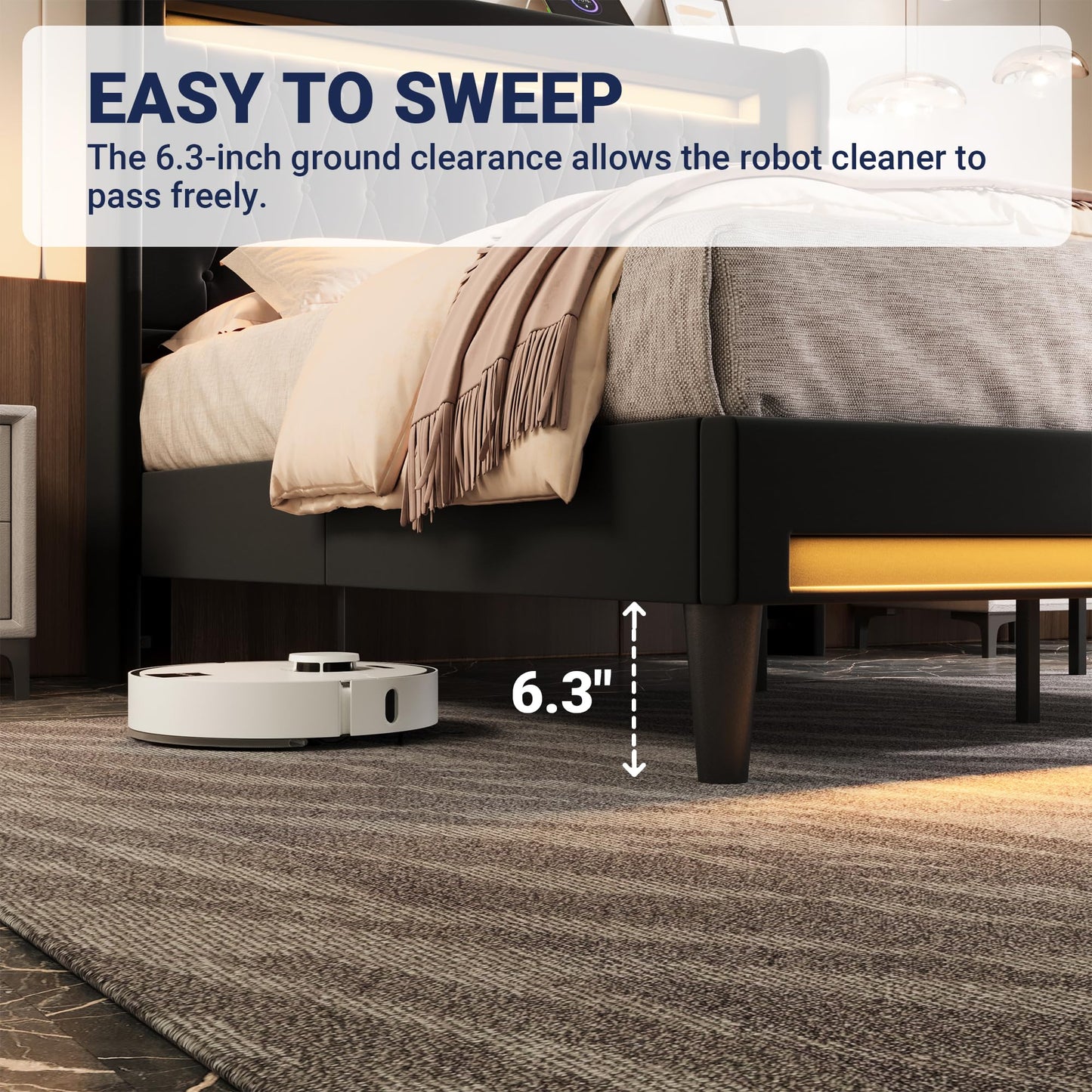 Allewie Upholstered Queen Size Platform Bed Frame with LED Light and Charging Station, Button Tufted High Headboard, Wingback Design, Noise Free, Easy Assembly, No Box Spring Needed, Black