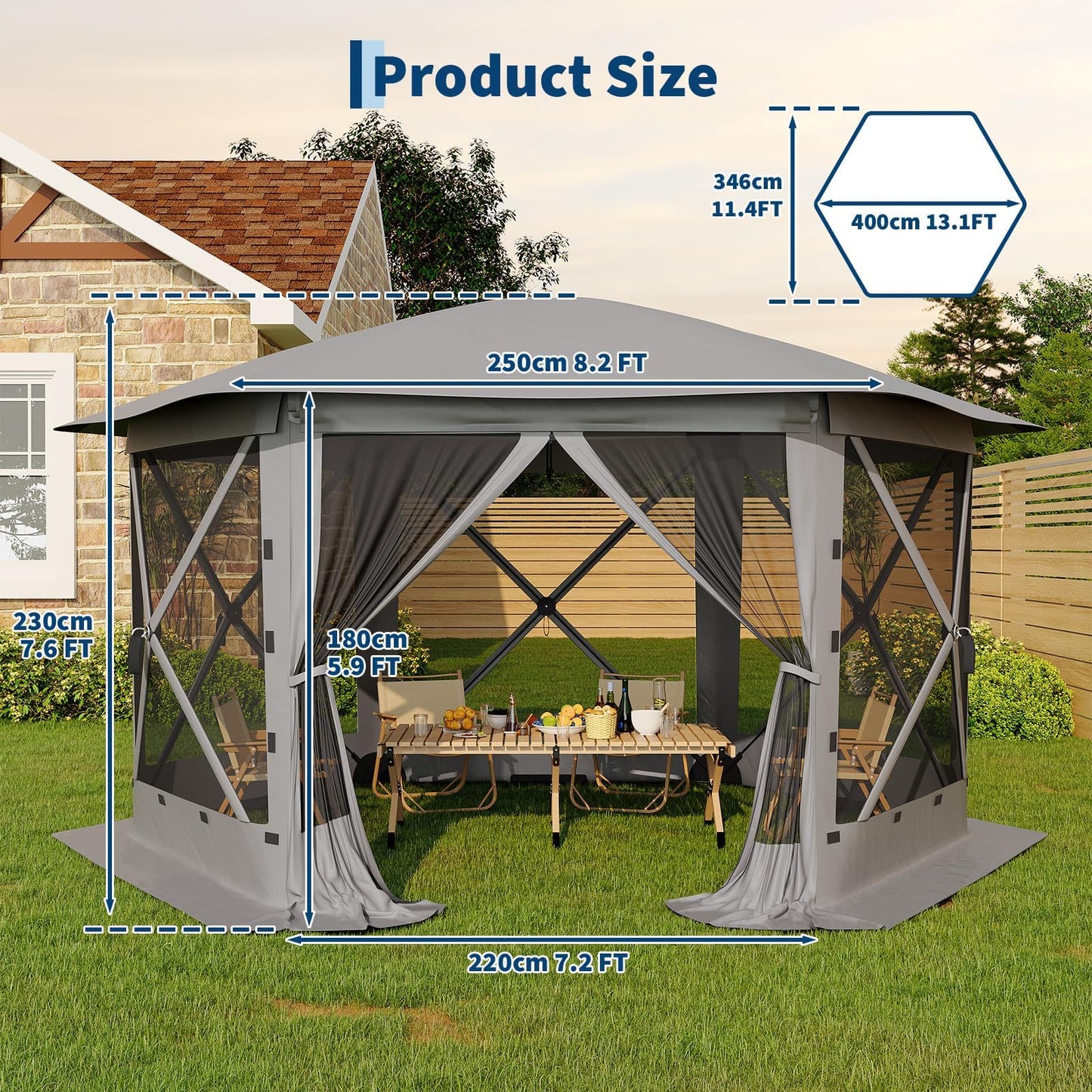 GarveeLife 13x13FT 6-Sided Pop Up Gazebo Tent，One-Push Setup Canopy Tent with Removable Canopy Top & Wind Cloths, Outdoor shelter for Camping, Backyard Parties, Outdoor Events - Grey