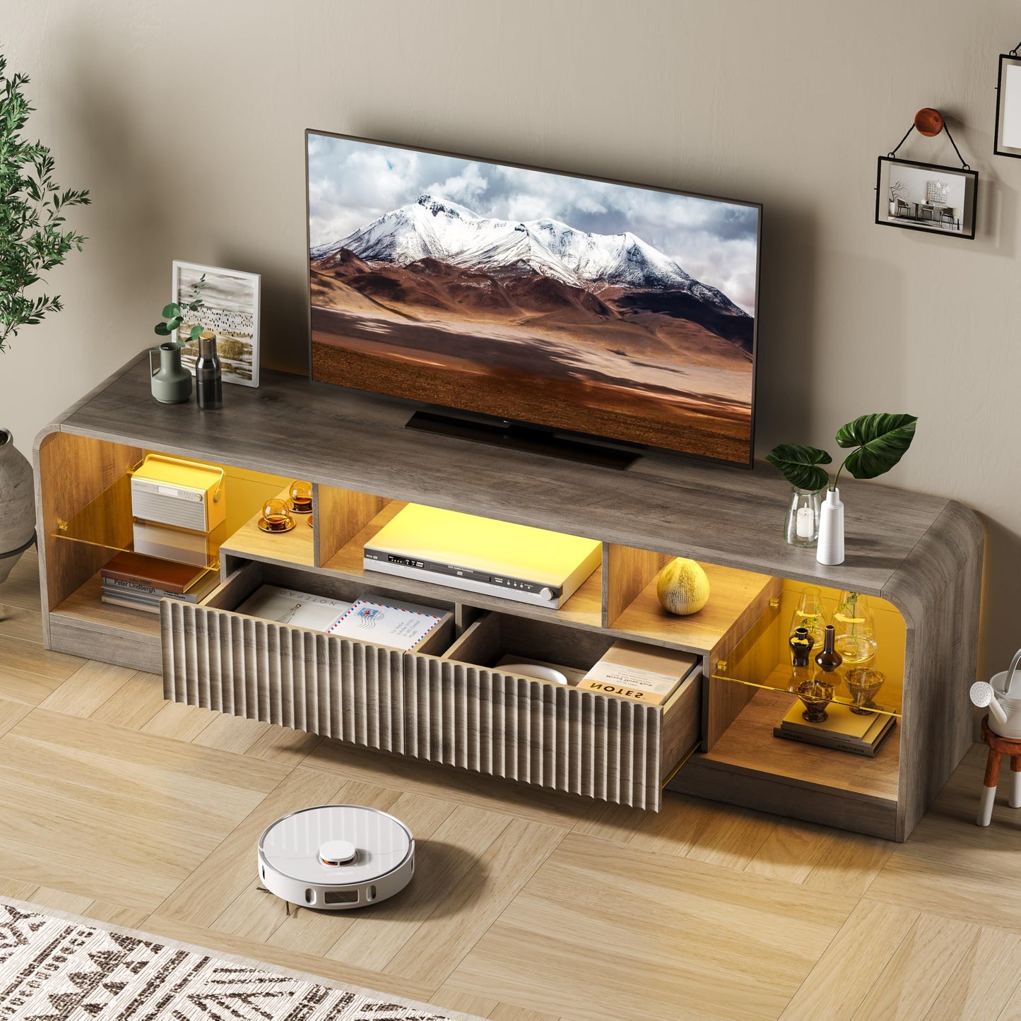 ANYMAPLE TV Stand for 60/65/70 Inch TVs, Modern Curved TV Console with LED Lights, 2 Drawers & Glass Shelves, Living Room Entertainment Center