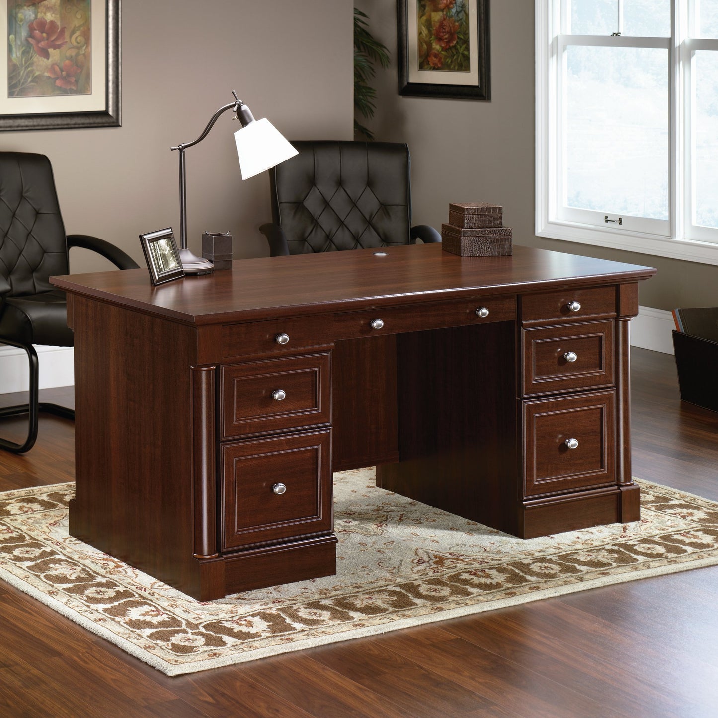 Sauder Palladia Office Desk with Drawers, Executive Desk with File Cabinet Storage, Cable Management, Keyboard Tray, in Select Cherry Finish