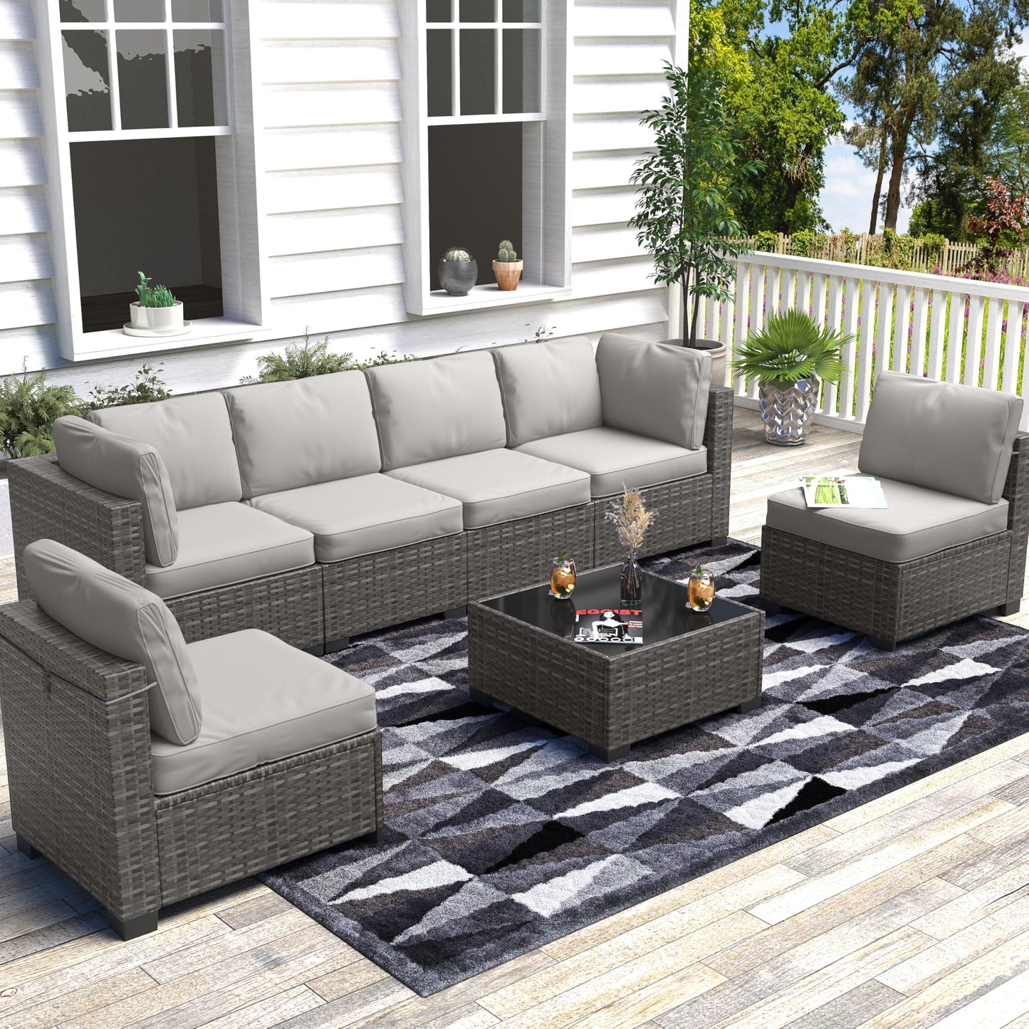 GarveeHome 7 Piece Patio Furniture Set, PE Rattan Wicker Sectional Sofa Set with Cushions & Glass Top Coffee Table, Outdoor Conversation Furniture for Garden, Balcony, Porch, Backyard