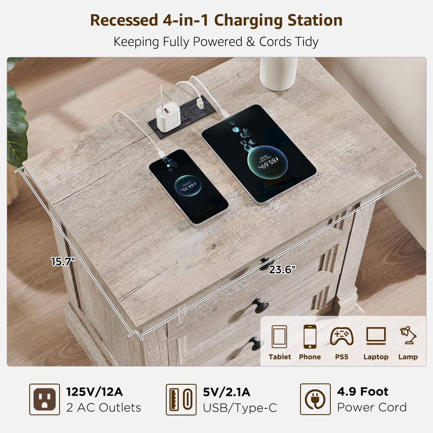 T4TREAM Farmhouse 24" Wide Nightstand with Charging Station, 26" Tall End Table with 3 Drawers Storage, Wood Side Table w/Roman Column, Bedside Cabinet for Bedroom, Living Room, Light Rustic Oak