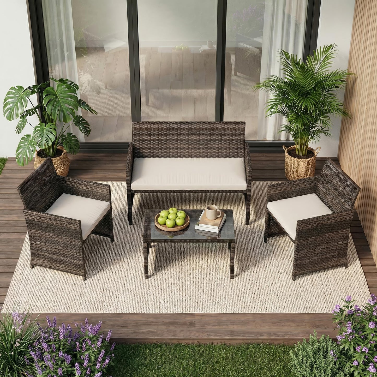 Garvee 4-Piece Patio Furniture Set, PE Rattan Outdoor Conversation Set with Cushions & Tempered Glass Table, All-Weather Wicker Patio Table and Chairs Set for Patio, Porch, Backyard, Brown and Beige