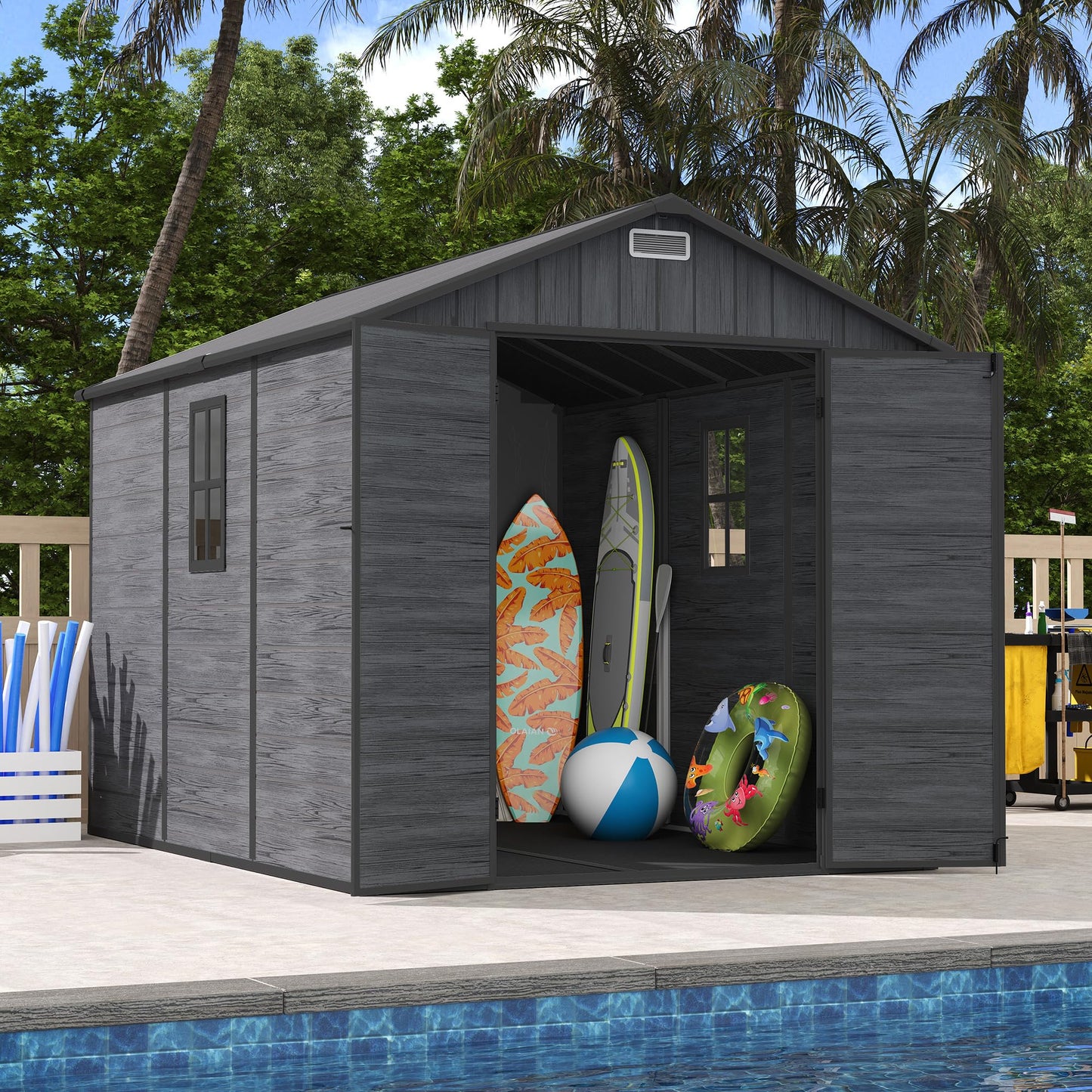 UDPATIO Outdoor Resin Storage Shed 8 x 10 FT, Plastic Storage Shed with Floor Large Outdoors Garden Tool Storage Shed Outside Clearance Shed with Lockable Door for Bike, Backyard, Patio, Deep Grey