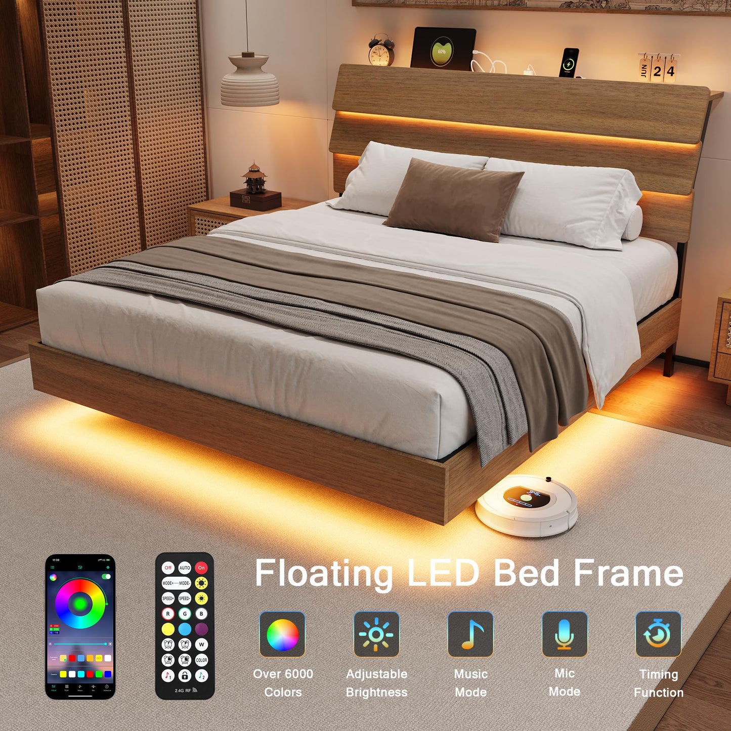 Einhomn Floating Bed Frame Full with Led Lights and Charging Station, Full Size Platform Bed Frame w/Storage Headboard, Heavy Slats Support, No Box Spring Needed, Noise Free, Easy Assembly, Walnut