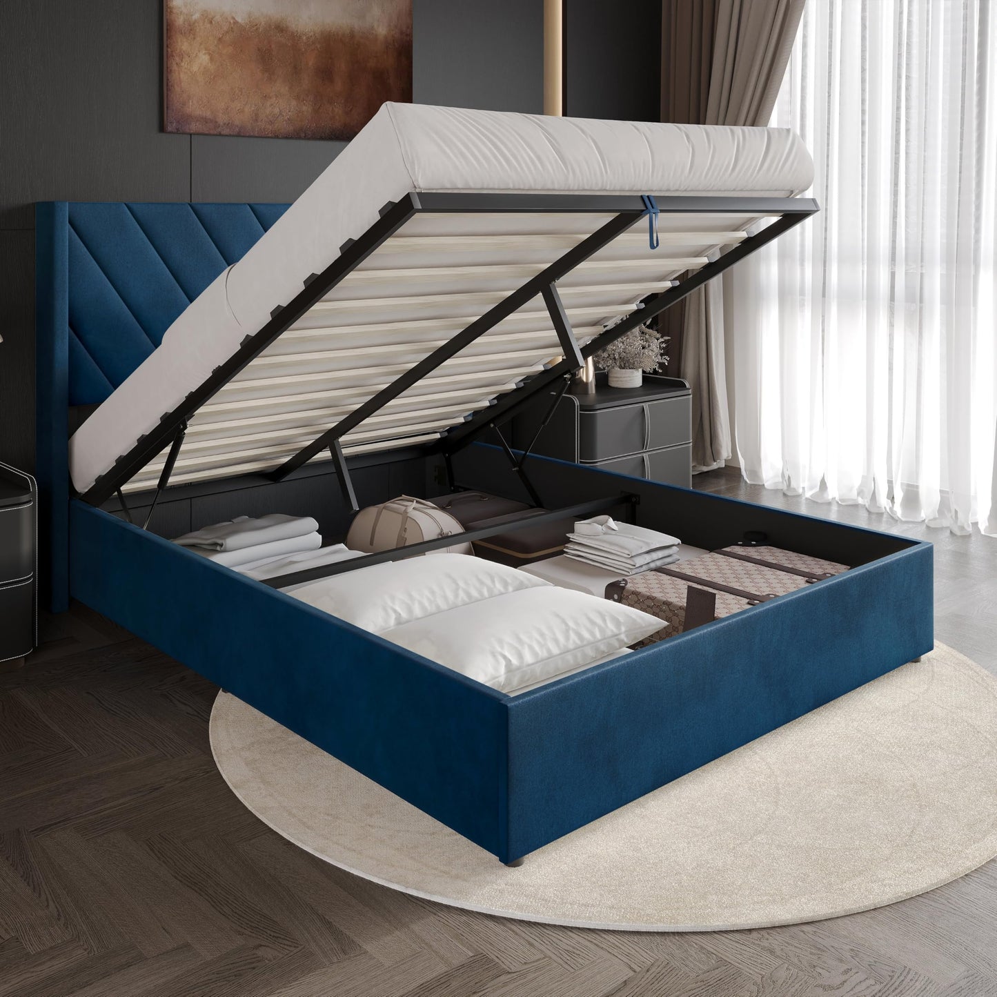 Castle Place Queen Wingback Velvet Upholstered Lift-Up Storage Platform Bed with Hidden Storage and V-Shape Stitching, Navy Blue