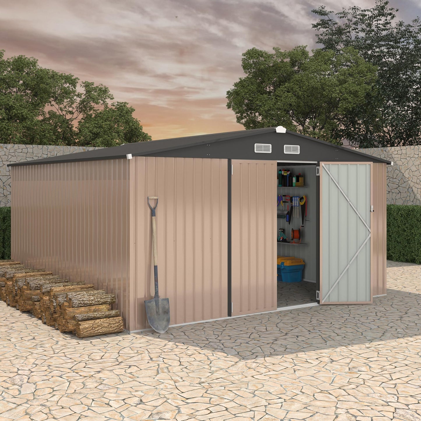 12X12 Ft Outdoor Storage Shed, Galvanized Steel Metal Tool Shed with Secure Lockable Door & Air Ventilation System, Rust-Resistant Utility Shed for Garden, Backyard, Easy Assembly & All-Season Use