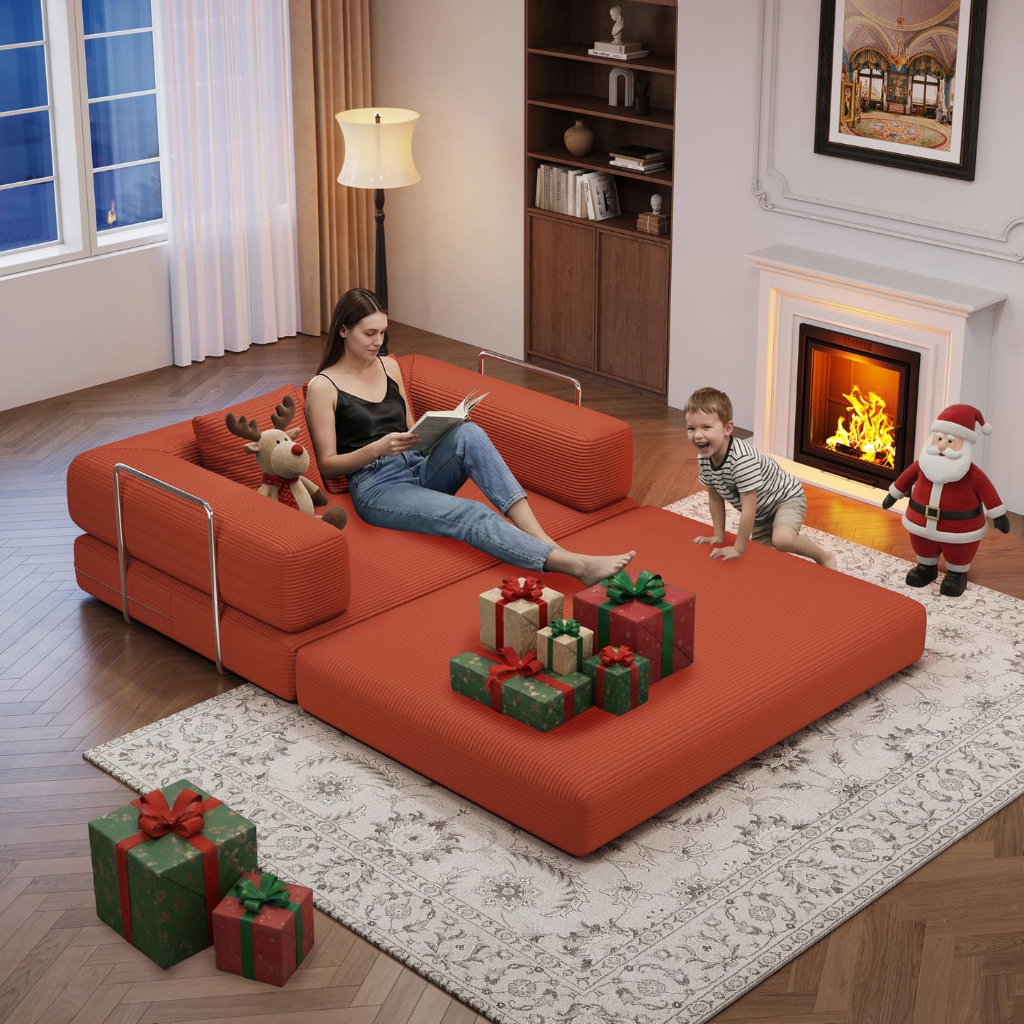 Convertible Futon Sofa Bed, 2 Seater Corduroy Floor Queen Size Bed Foldable Sleeper Lounge Boneless Loveseat Couch with 2 Throw Pillows for Living Room Bedroom Guest Room(Orange, 53.15"Double Sofa)