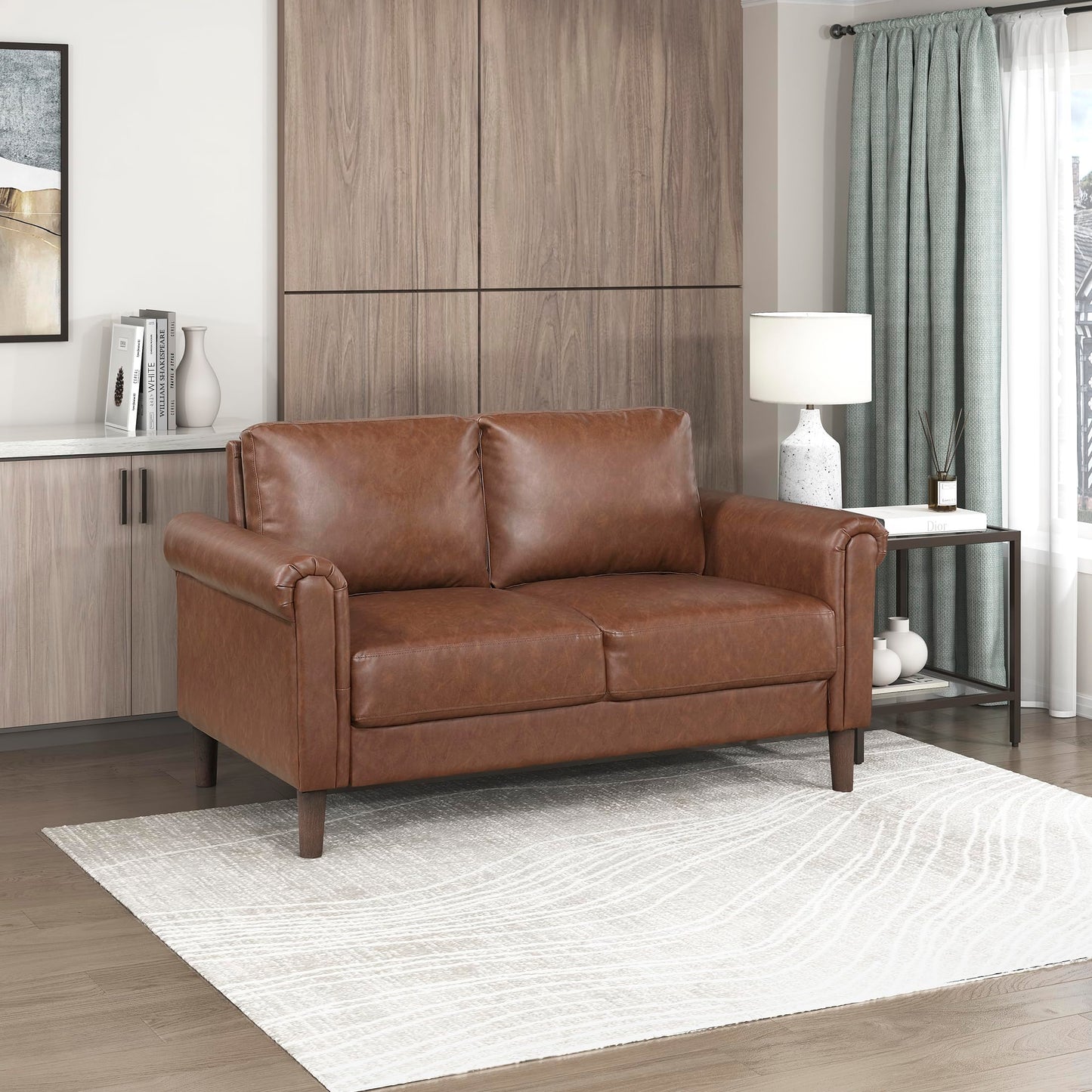 Lexicon 57" W Faux Leather Loveseat Sofa, Upholstered 2-Seater Couch with Rolled Armrest & Wood-Look Feet, Traditional Small Space Living Room, Office or Waiting Room Seating - Chocolate