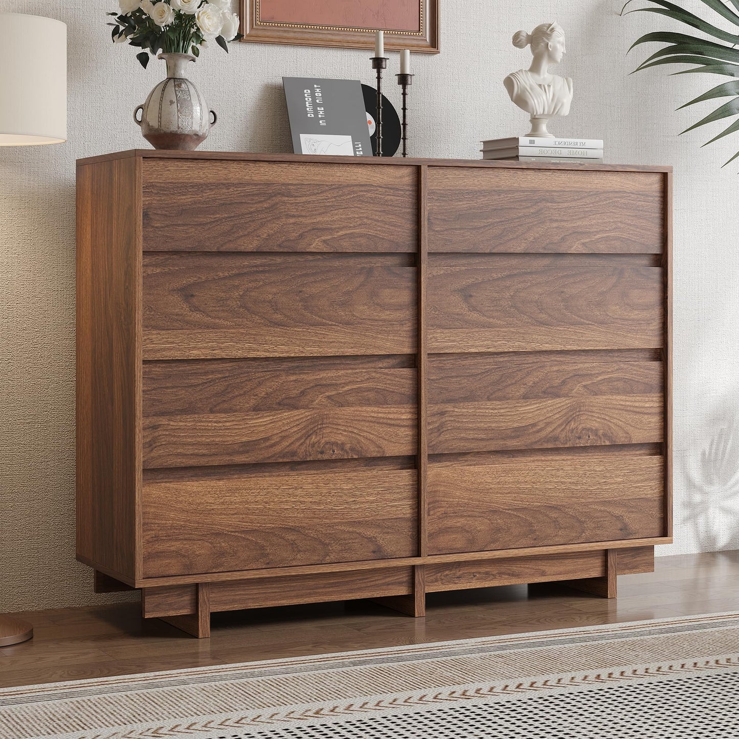 CHUWELL 53" Wide Dresser for Bedroom,Walnut Mid Century Modern Dressers with 8 Drawers, Adequate Capacity Storage,Closet Clothes Organizer for Bedroom