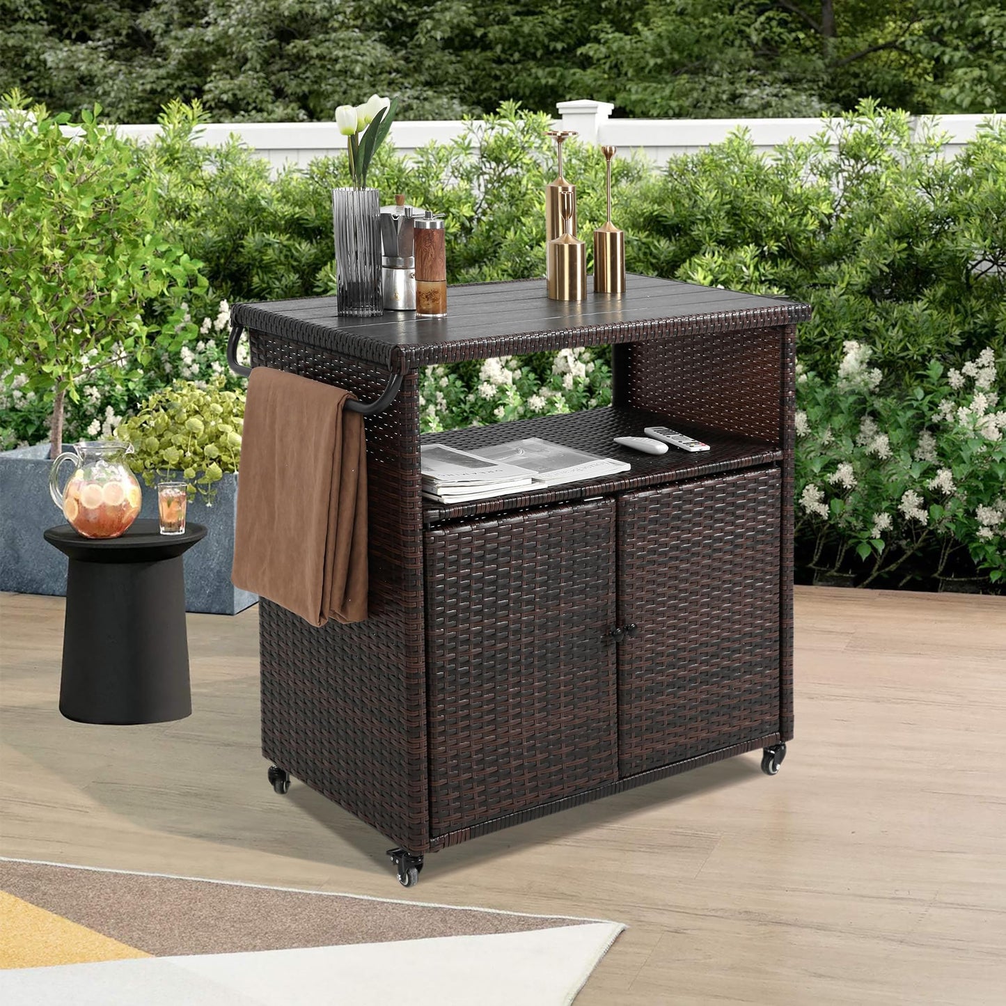 GDFStudio Outdoor Wicker Bar Cart with Wheels, Patio Rolling Rattan Beverage Serving Cart with Plastic Wood Top, Storage Cabinet Wine Trolley for Backyard, Garden, Poolside, Porch Party, Light Brown