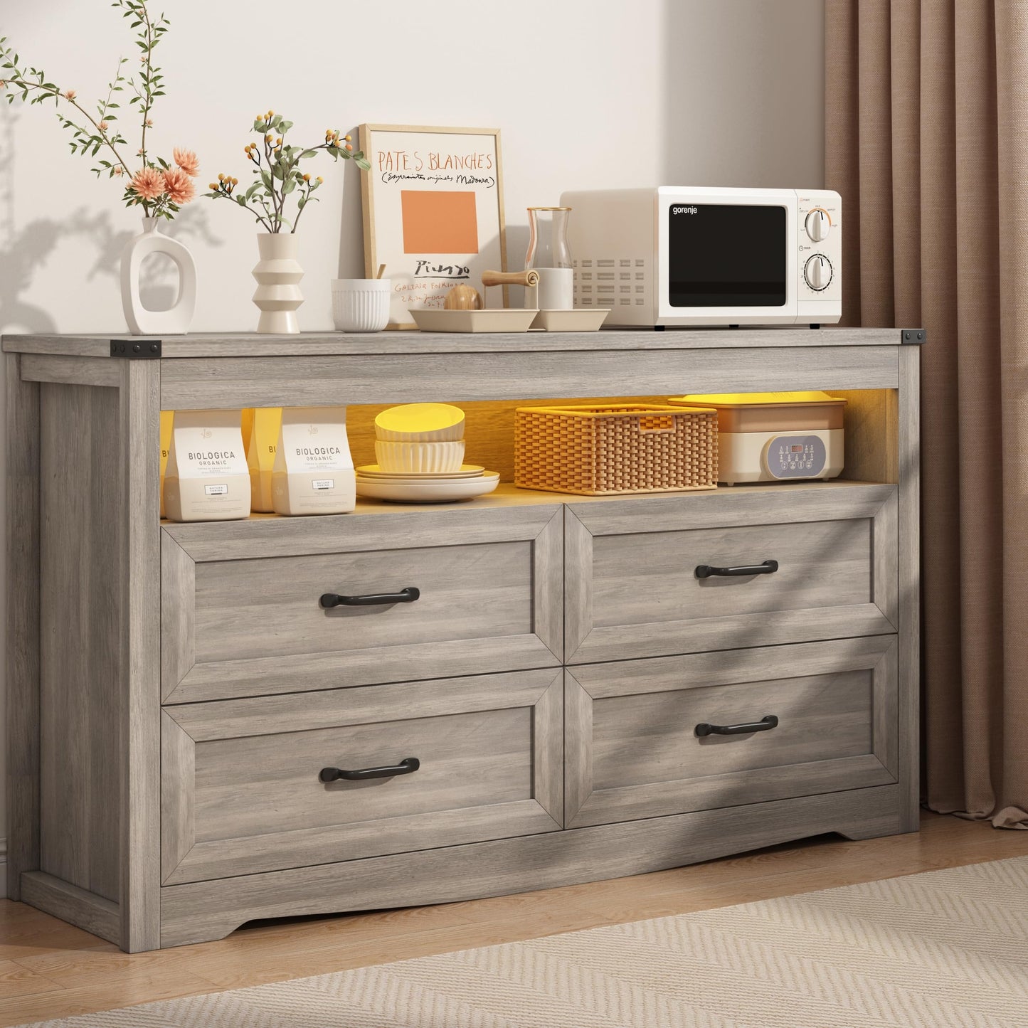 Wodeer Grey Dresser for Bedroom, Wooden 4 Drawer Dresser with LED Light, Dressers & Chests of Drawers with Metal Handles, Storage and Organization for Bedroom, Hallway, Entryway, Gray