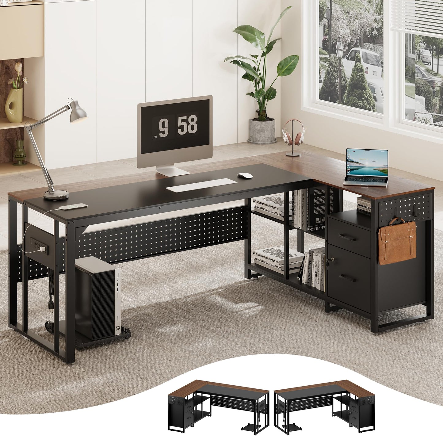 MALOL 70.3" L-Shaped Office Desk, Reversible L-Shaped Computer Desk with Power Outlet, Large Executive Desk with Locked File Drawers & Storage Shelves, Pegboard, Mobile CPU Stand, Modern Corner Desk