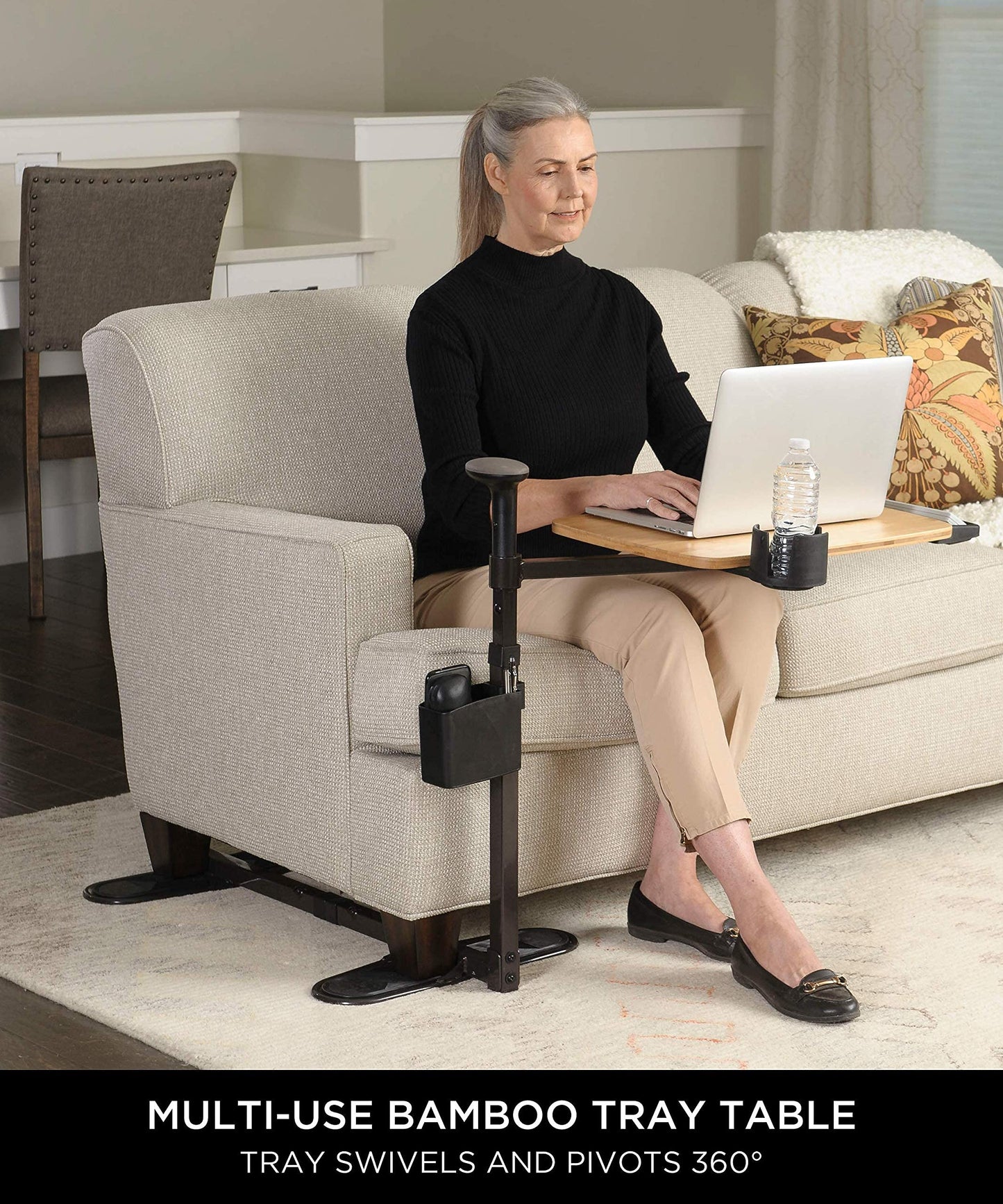 Signature Life Independence Tray Table, Bamboo Swivel TV-Tray, Adjustable Laptop-Table with Ergonomic Stand Assist Safety Handle, Independent Living Aid