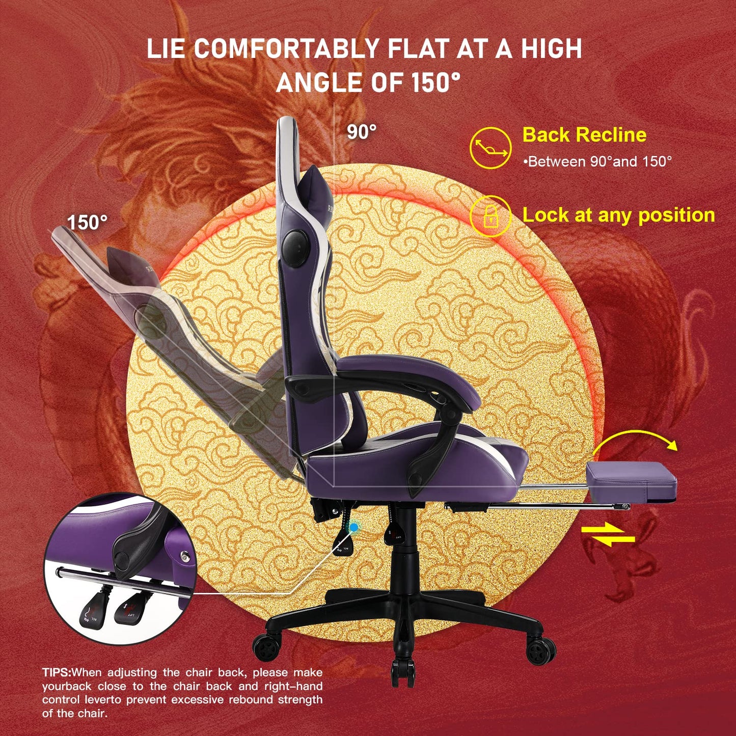 GTPLAYER Gaming Chair with Bluetooth Speakers and Footrest, Dragon Series Video Game Chair, Heavy Duty Ergonomic Chair Esports Gaming Chair, Computer Office Desk Chair (Purple)