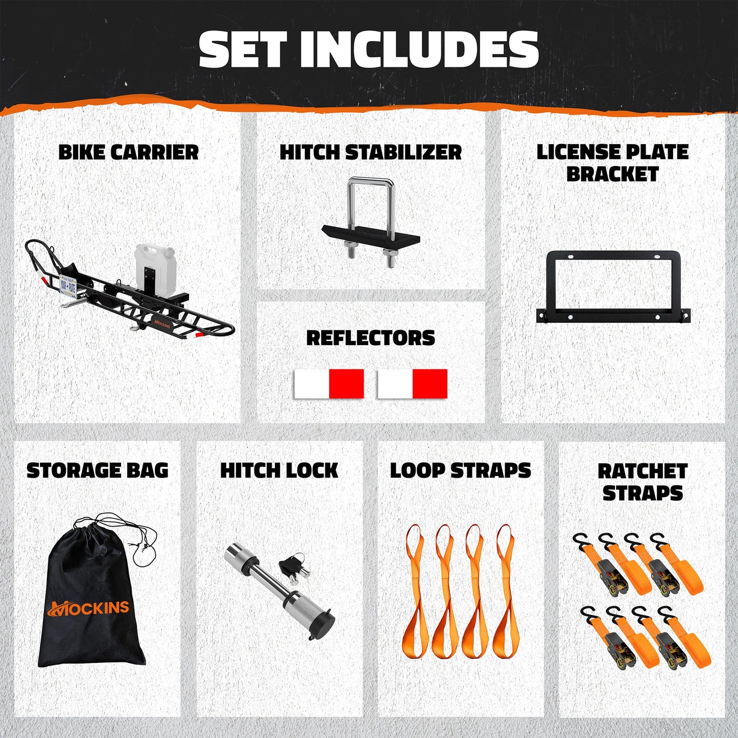 Mockins 83" Tilting Dirt Bike Carrier Hitch Mount Rack | 500 Lbs. Capacity eBike Rack with Ramp for Up to 5.5"W Tires | Small Motorcycle Hitch Carrier Set w/ License Plate Holder, Stabilizer, & Straps