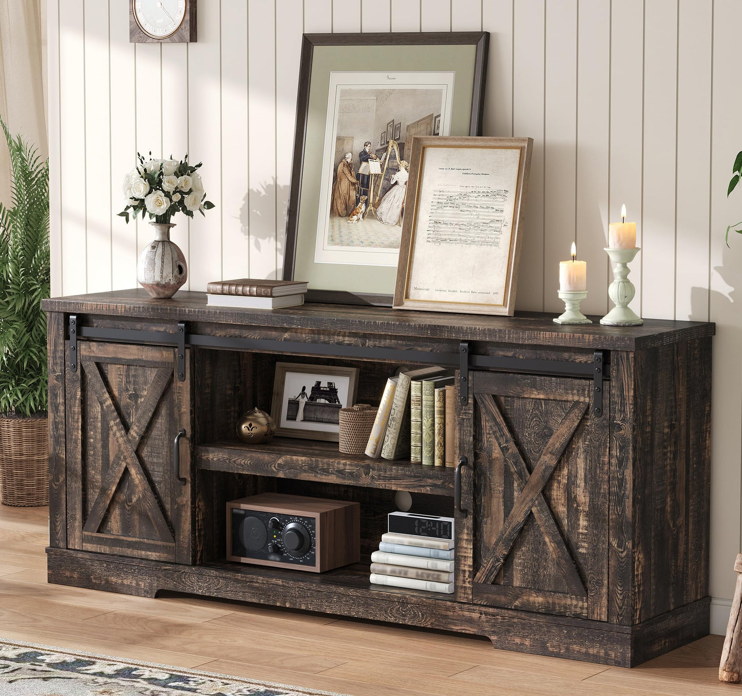 AMERLIFE 66” TV Stand for 65 Inch TV, Farmhouse Entertainment Center with Storage Cabinets and Adjustable Shelf & Feet, Modern TV Console Table for Living Room or Bedroom, Rustic Oak