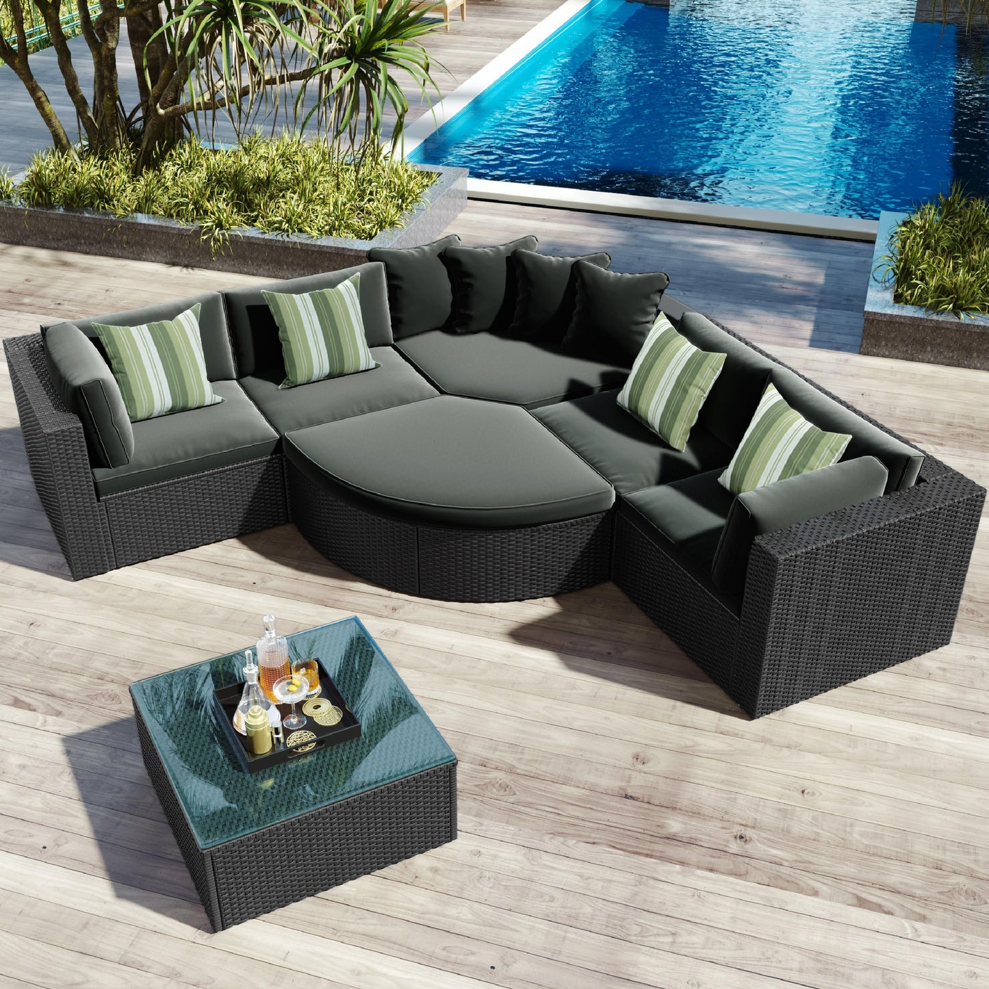 Merax 7 Pieces Outdoor Patio Furniture, 6 Seat Wicker Sectional Lounger Sofa Chair Set with Table, All Weather Rattan Conversation Sleeper Couch Bed Sets for Garden Poolside, Cushions & Pillows, Grey