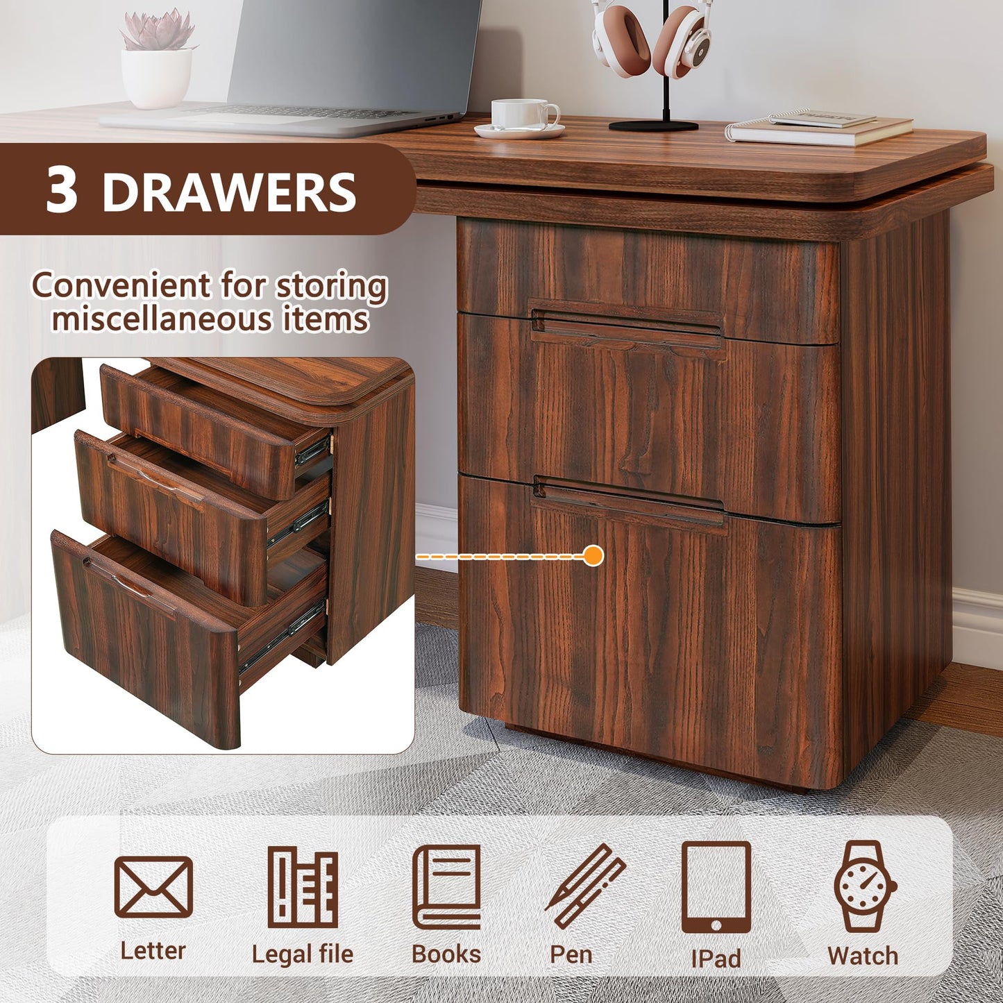 Merax 360° Rotating L-Shaped Desk with 3 Drawers | 90" Modern Corner Computer Desk for Home Office, Living Room, Executive Writing Study Work, Walnut