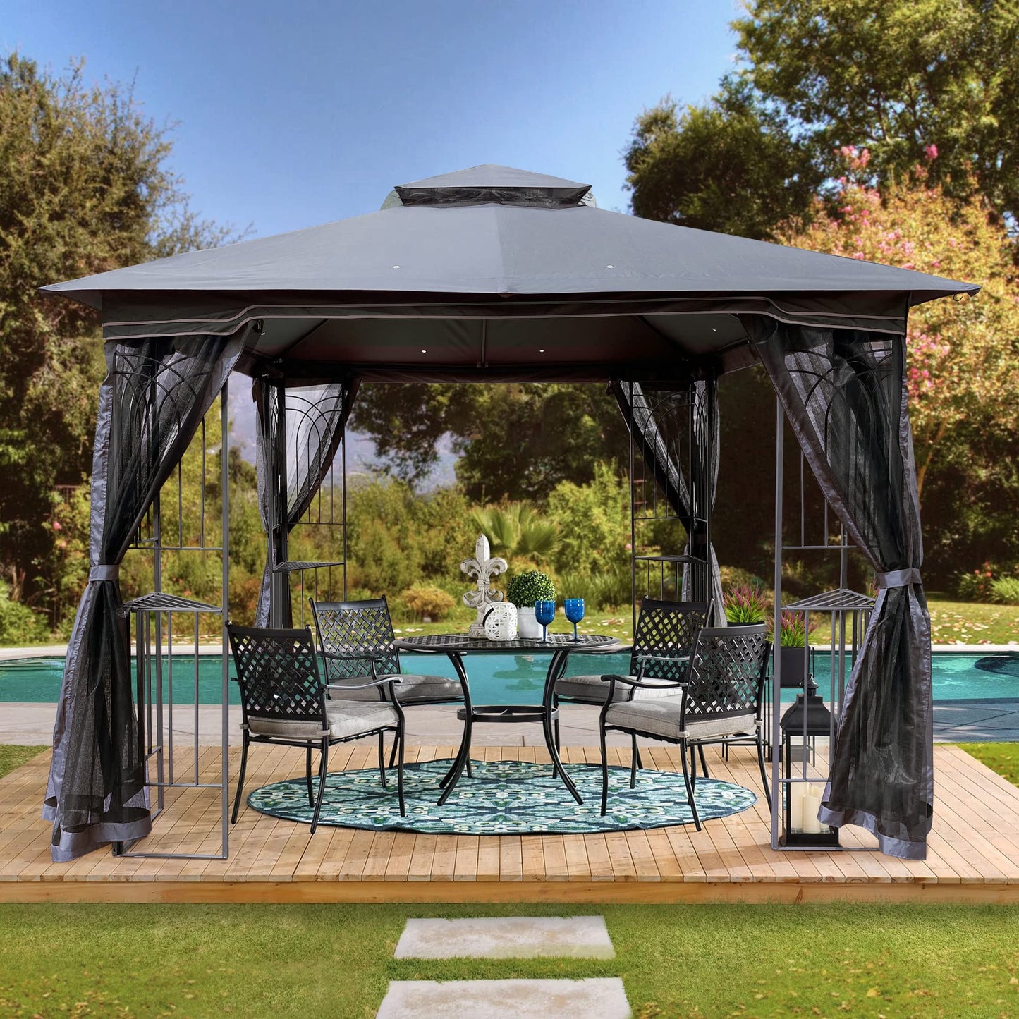 YOPTO 10x10 FT Patio Steel Gazebo,Canopy Tent wiht Ventilated Double Roof and Mosquito Net,(Detachable Mesh Screen On All Sides),Waterproof Garden Pergola for Backyard,Swimming Pool,Gray