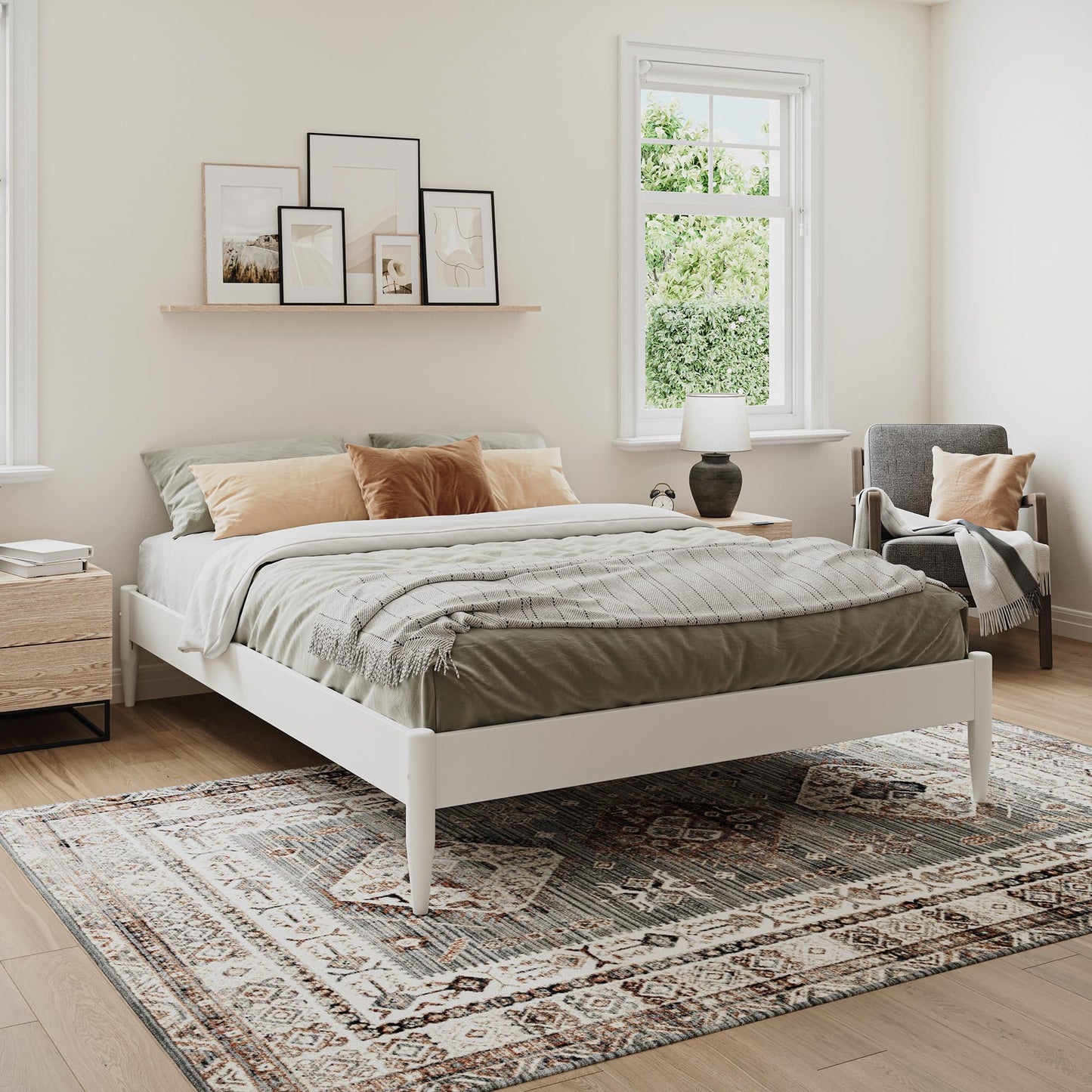 AFI, Pasadena 14" Queen Wood Mid Century Modern Low Profile Platform Bed, White