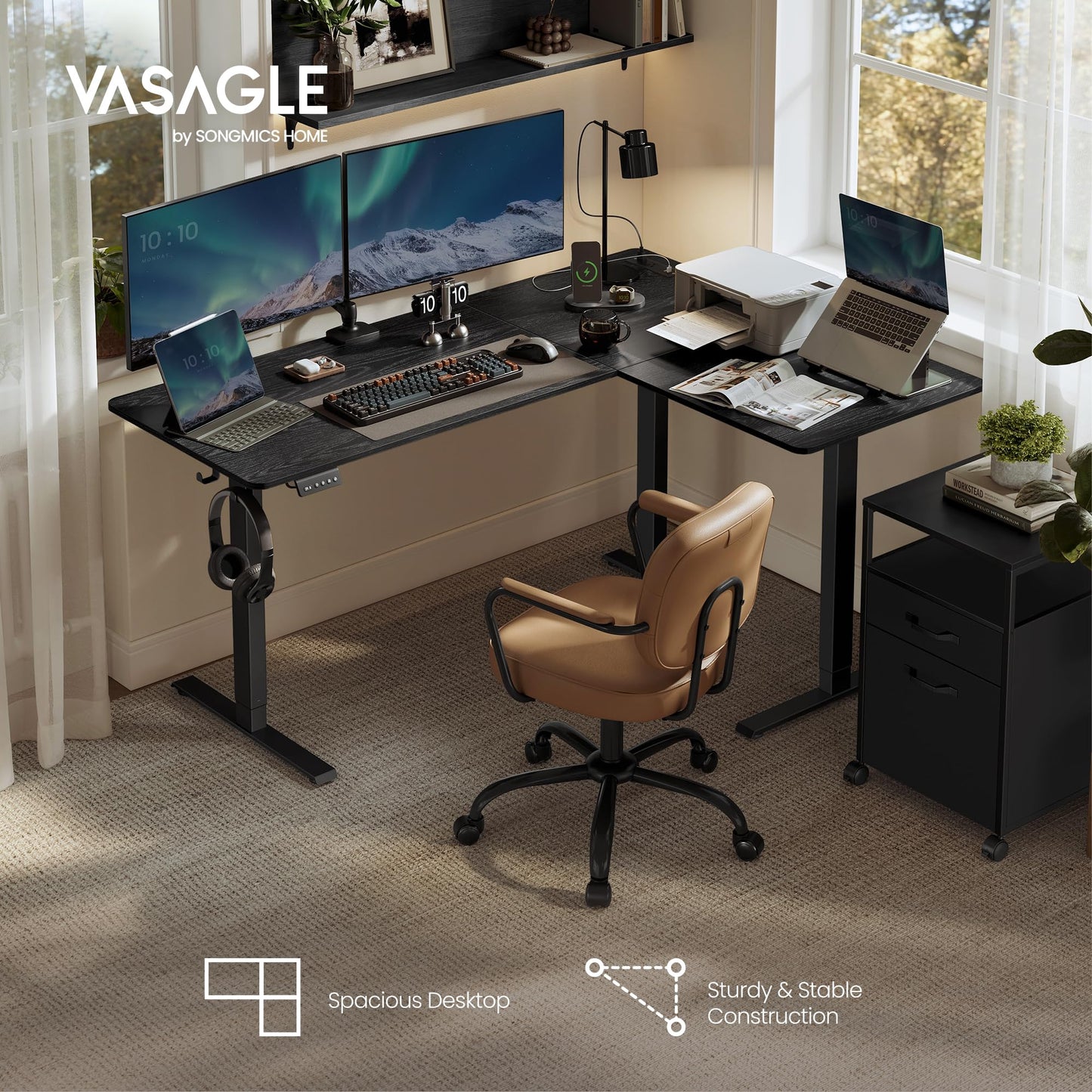 VASAGLE L Shaped Electric Standing Desk, 63 x 47.2 Inches, Height Adjustable Corner Desk with Power Outlets, 2 Memory Buttons, Easy to Assemble, for Home Office, Black ULSD242B01