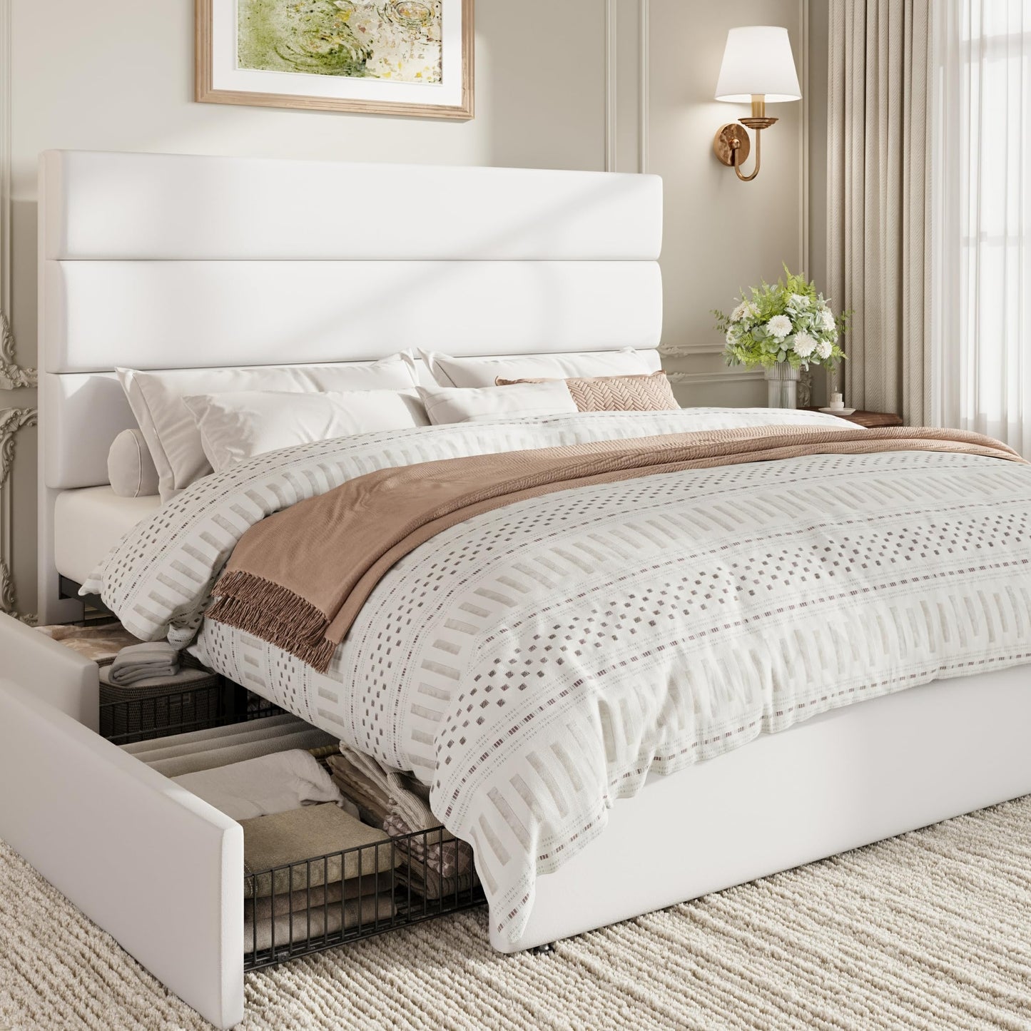 SHA CERLIN Queen Size Platform Bed Frame with 4 Storage Drawers, Velvet Upholstered Headboard, Mattress Foundation with Wooden Slats Support, No Box Spring Needed, Easy Assembly, White
