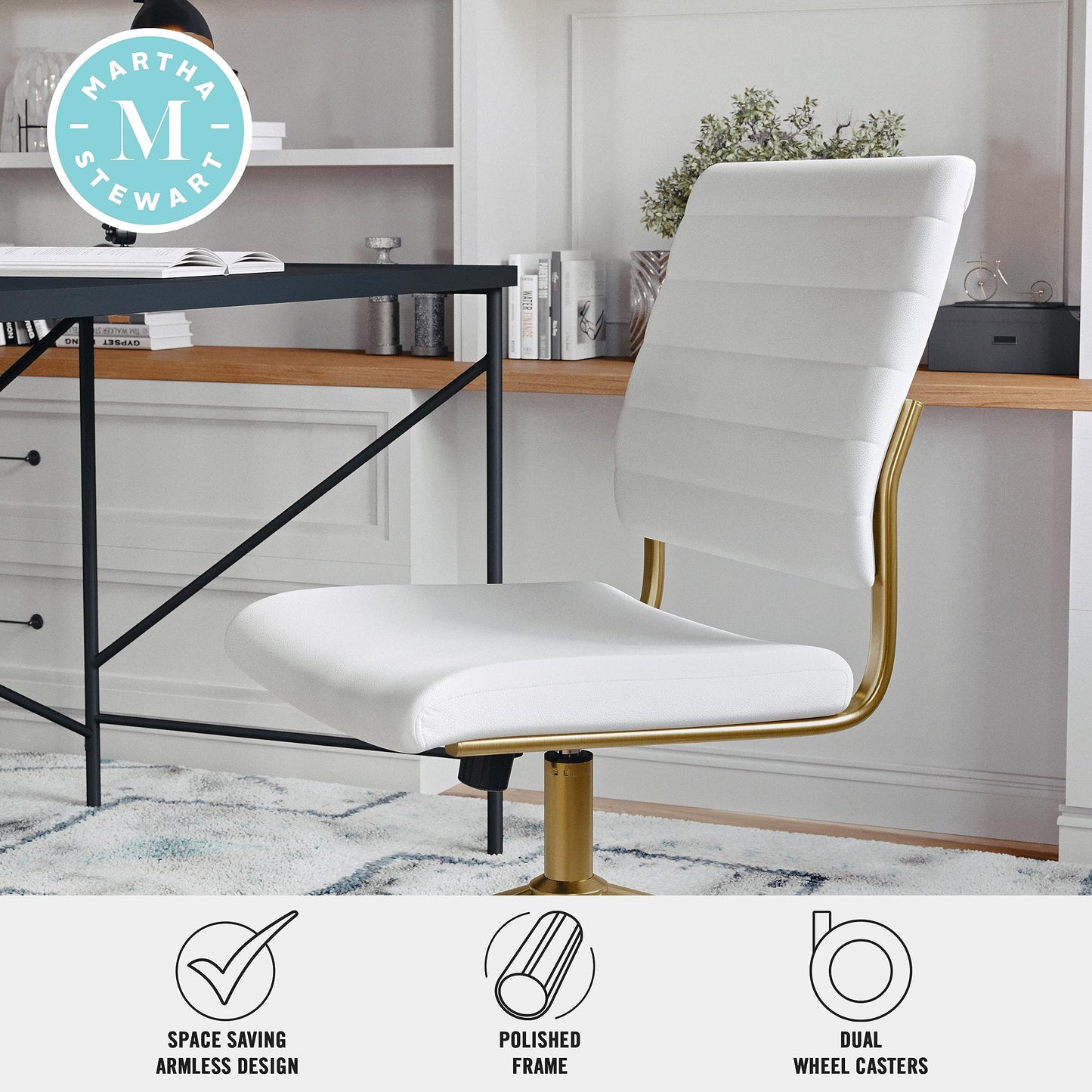 Martha Stewart Ivy Armless Swivel Task Chair for Home Office in White Faux Leather with Polished Brass Frame