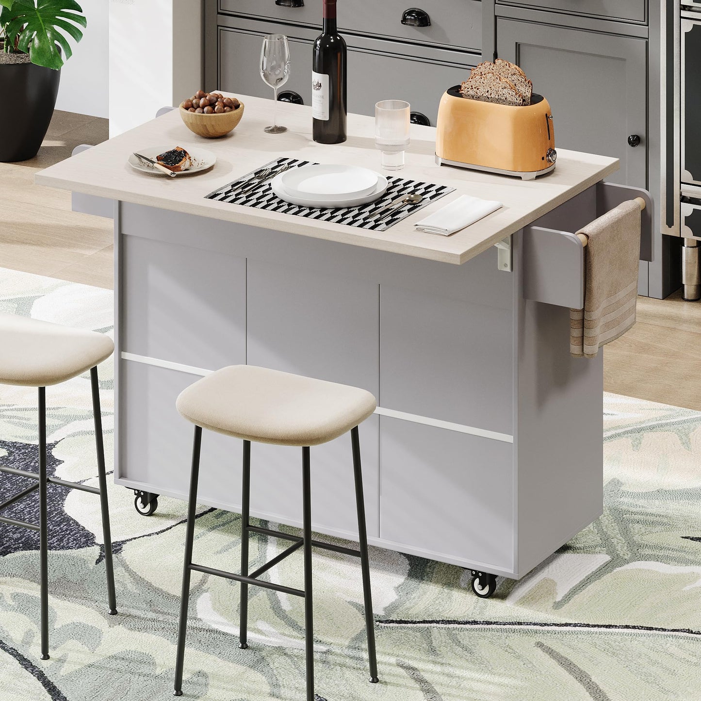 Ball & Cast Kitchen Island with Trash Can Storage Cabinet,Kitchen Cart W/Drop Leaf,Spice Rack,Towel Rack and Drawers,Rolling Kitchen Islands on Wheels W/Adjustable Shelf for Dining Room,Grey