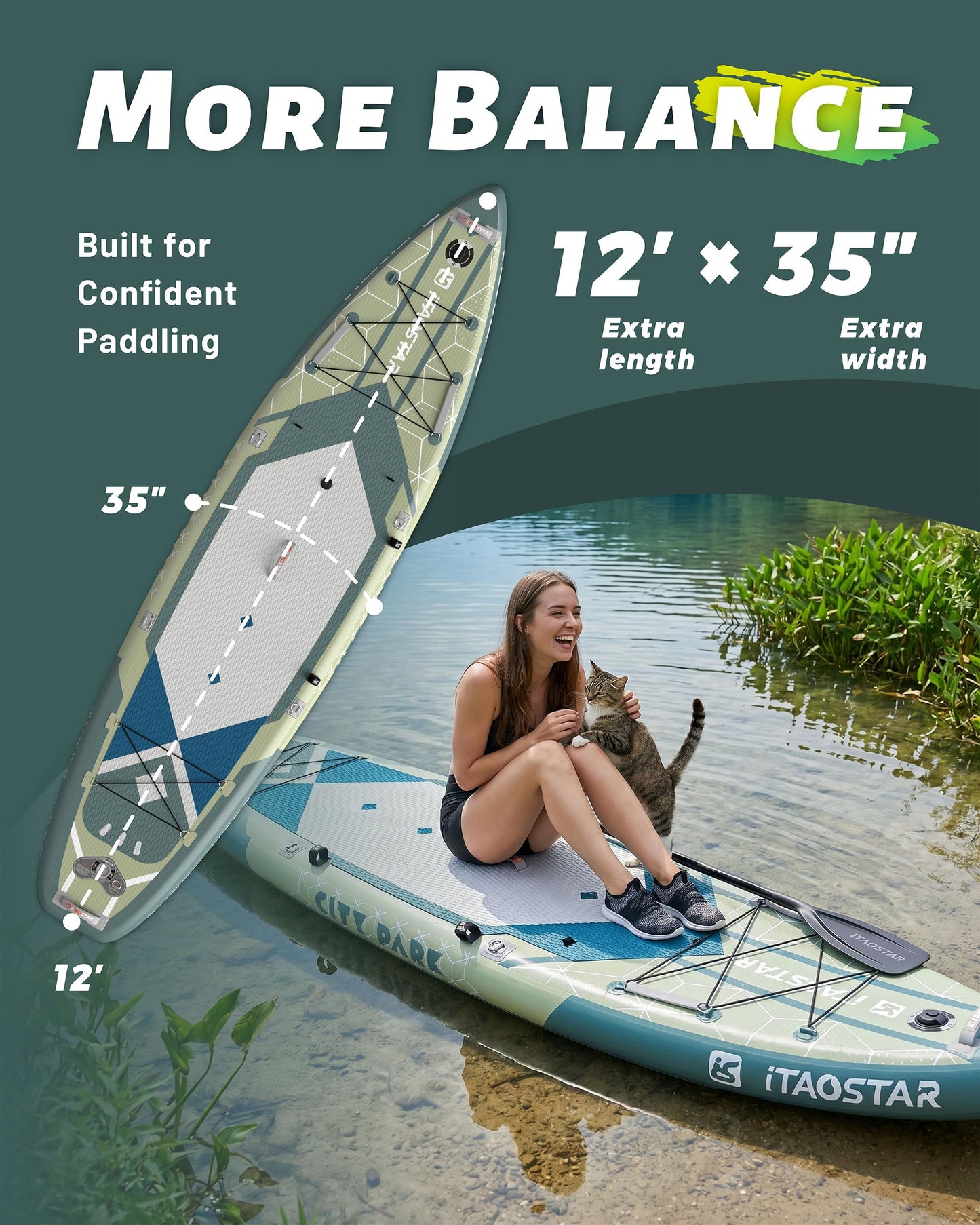 iTAOSTAR C03BP 35" Super Wide Paddle Board, More Fun Inflatable Paddle Board with 5 Fins，12 Foot Stand Up Paddle Board with Premium SUP Accessories for Youth of All Skill Levels