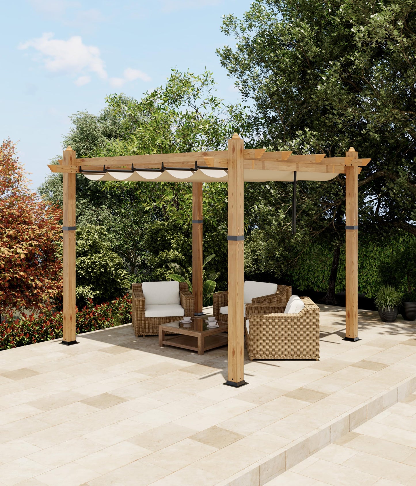 KYBOLT 10x10 Ft Aluminum Pergola Outdoor Gazebo with Retractable Canopy Imitation Wood-Grain Sun Shade Shelter for Garden Patio Backyard Deck(Khaki)