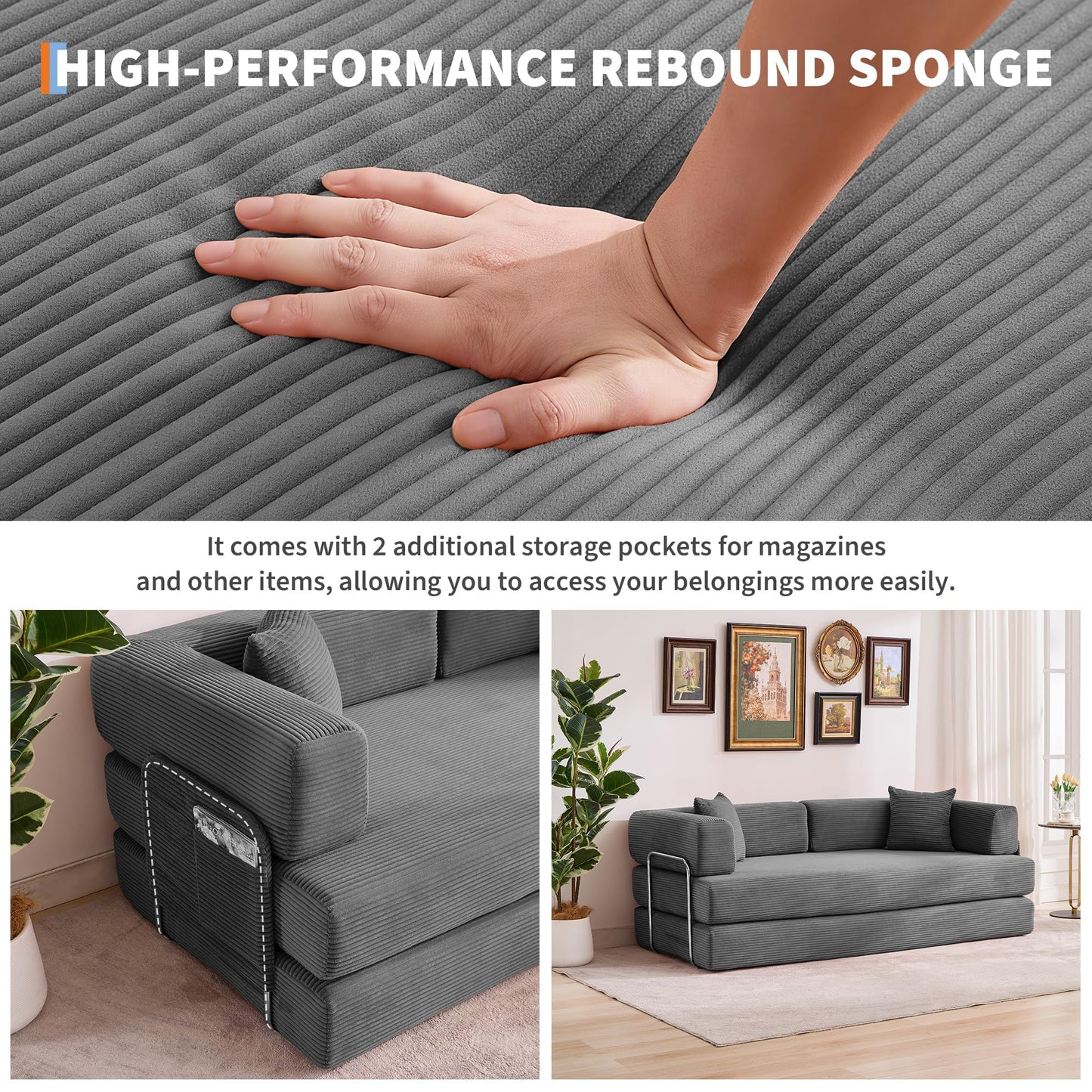 GarveeLife 78.8" Modular Corduroy Sofa Bed,5 in 1 Convertible Futon Floor Couch with Pull-Out Sleeper,Multi-Functional Futon for Living Room Guest Room & Small Spaces