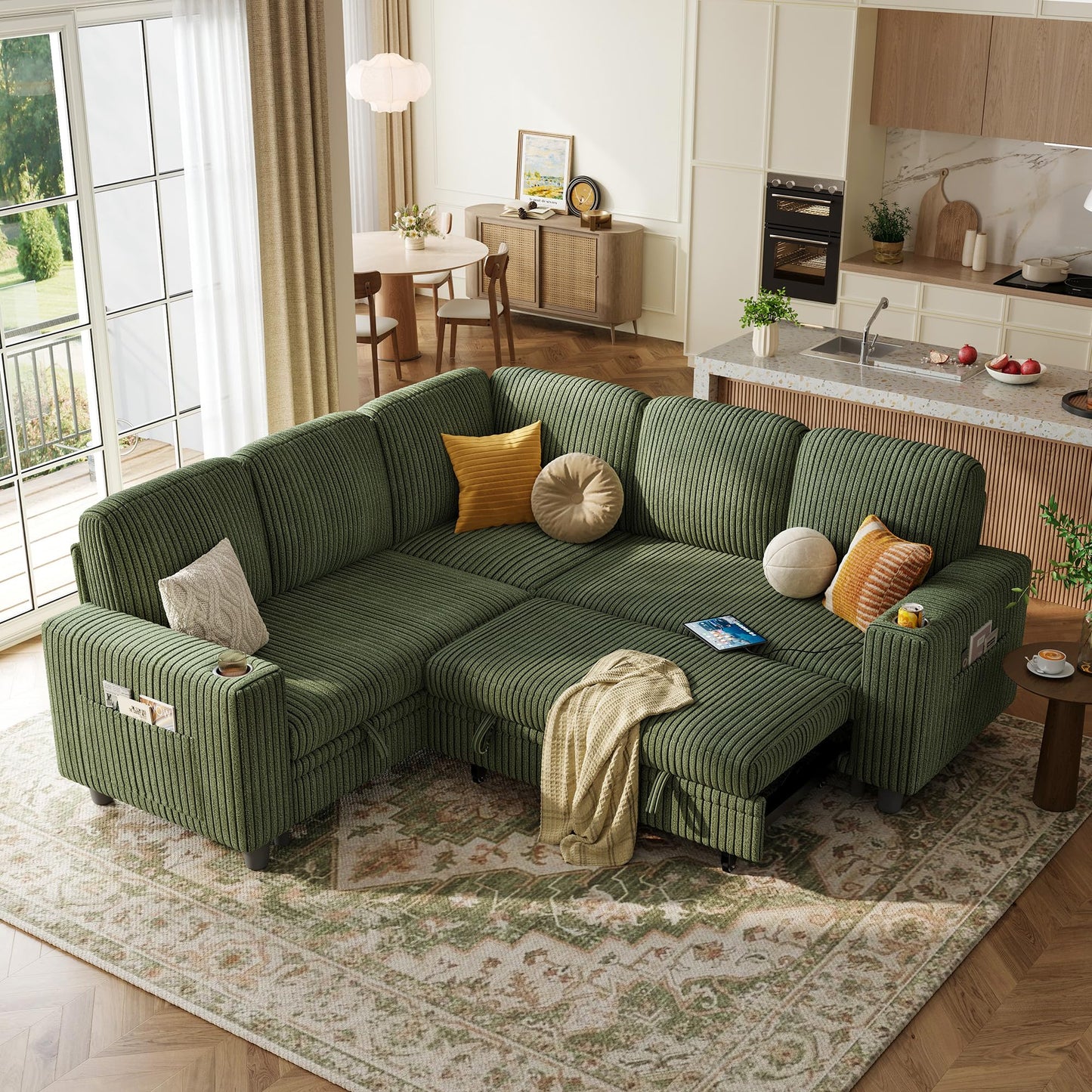 LINSY HOME Sectional Sleeper Sofa with Storage Chaise & USB Charging, Convertible Pull Out Couch Bed Plush Corduroy Modular Sectional Couches for Living Room Apartment (Green)