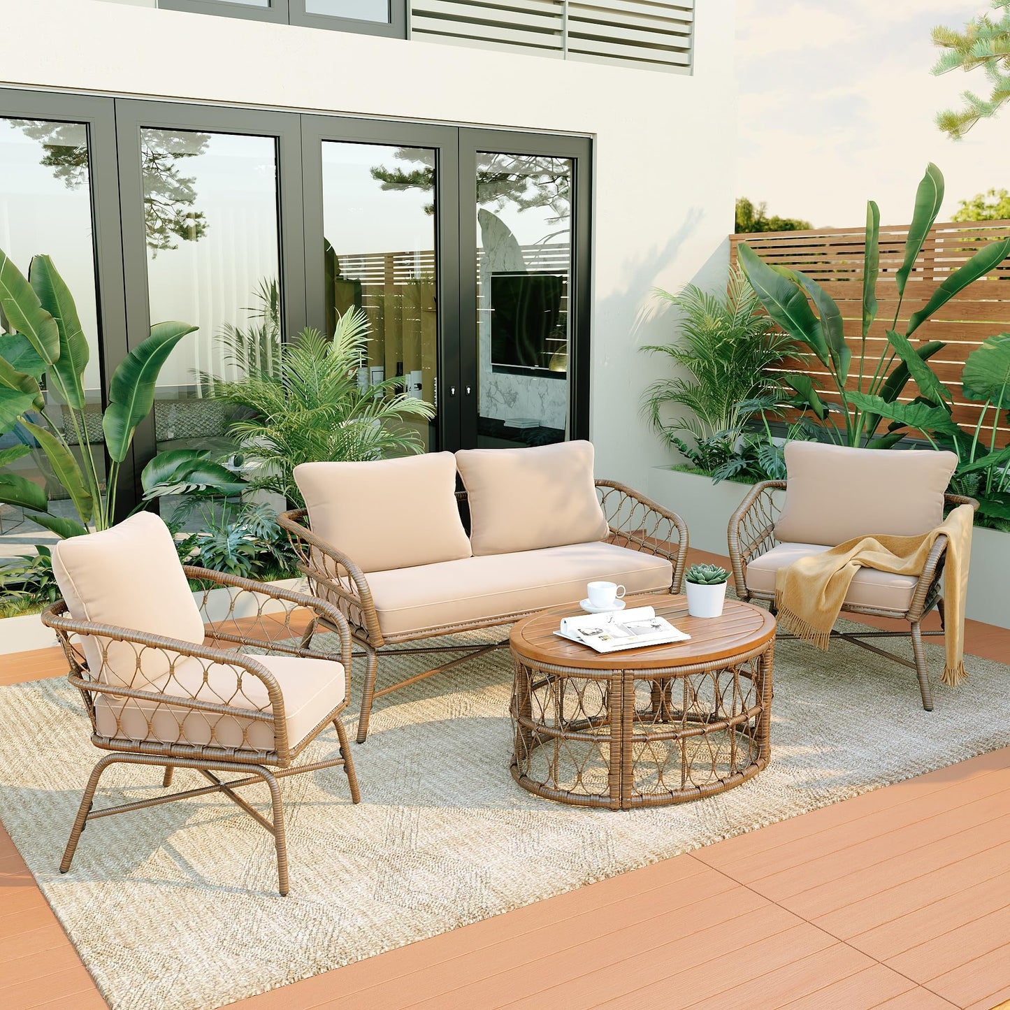 Merax 4-Piece Bohemian Patio Furniture Set, Outdoor Wicker Conversation Set with Single & Loveseat Chairs, Removable Cushions, Wood Tabletop Coffee Table for Garden, Backyard, Balcony, Porch, Poolside