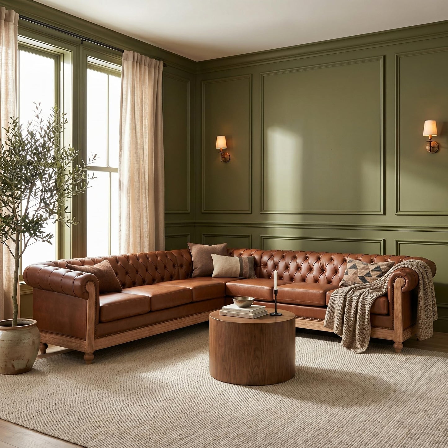 Merax PU Chesterfield Sofa, Retro Style Upholstered 6 Seater Leather Rolled Arm Couch for Living Room Bedroom Office, Light Brown