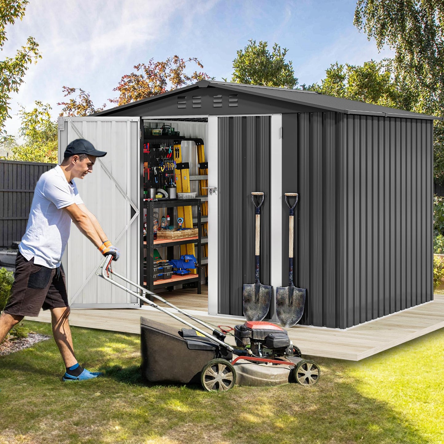 DWVO 7x5FT Outdoor Storage Shed, Roomy Steel Tool Shed with Secure Entrances & Air Circulation for Patio, Lawn, and Backyard, Ideal for Storing Garden Gear, Lawn Tools, and Bikes, Dark Gray