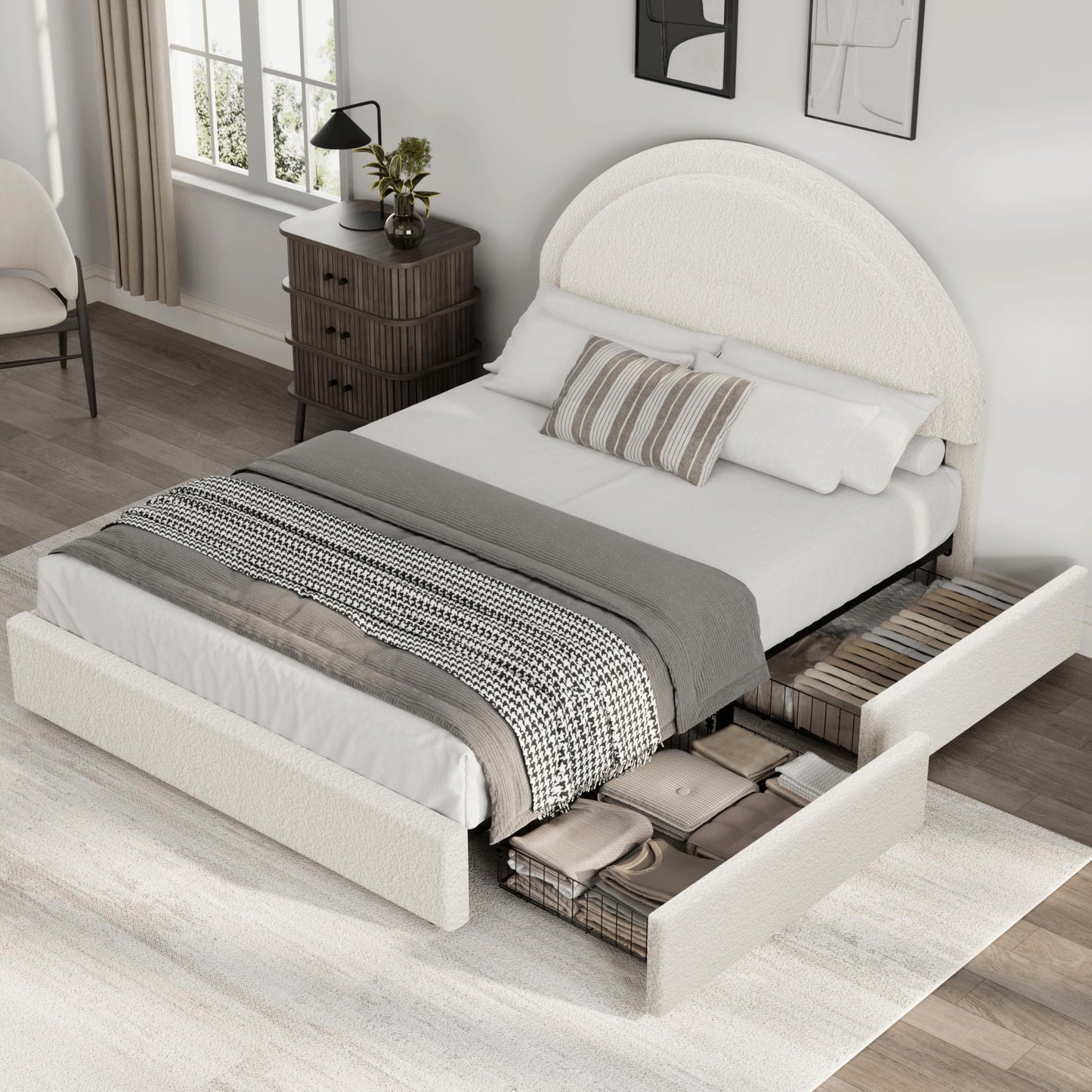 Garvee Full Size Bed Frame with Storage Drawers, Upholstered Boucle Platform Bed with Round Headboard, Heavy Duty & Noise Free, No Box Spring Needed, Beige